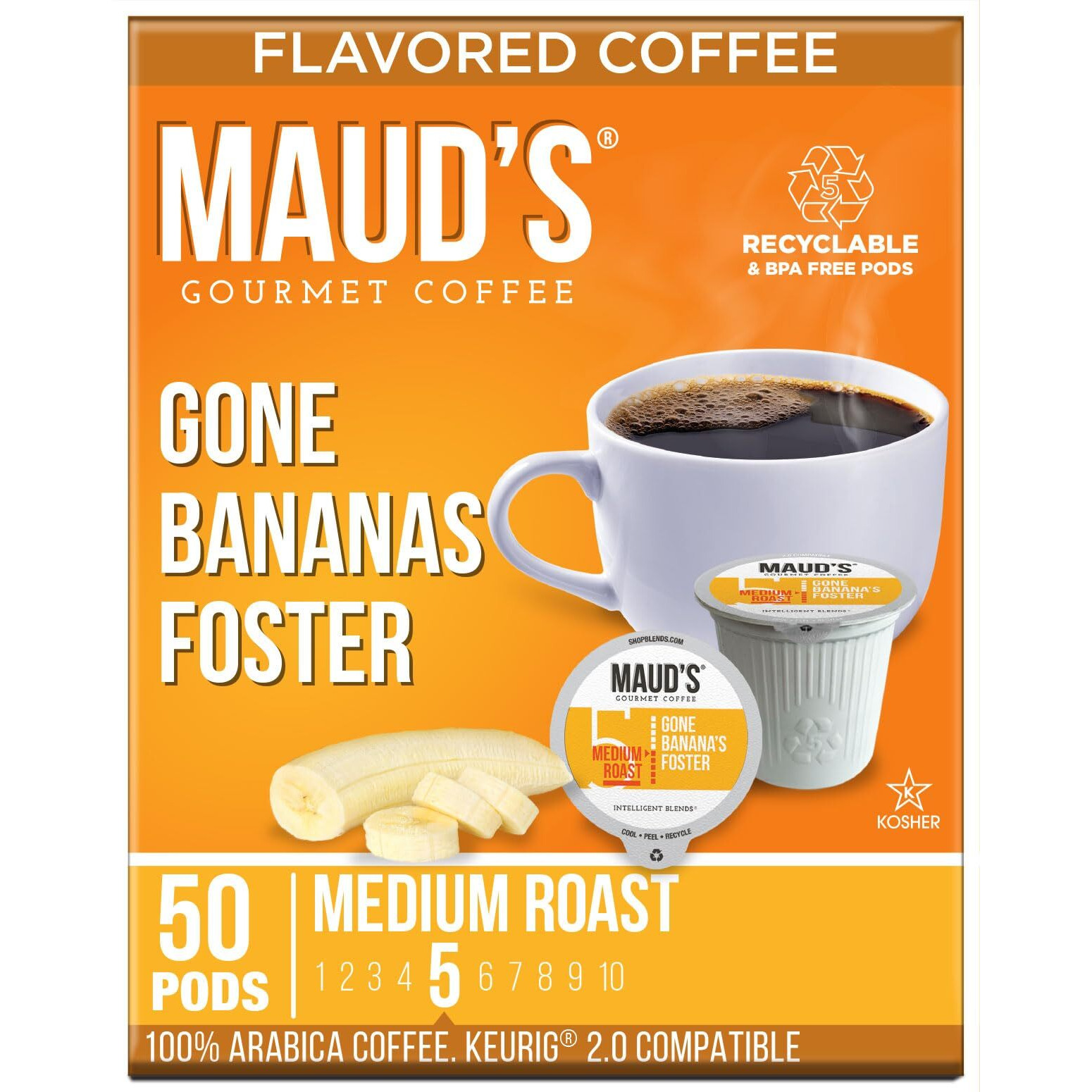 Maud's Banana Foster Flavored Coffee Pods  50 Ct | Gone Banana's Foster Flavor | 100% Arabica Medium Roast Coffee | Solar Energy Produced Recyclable Pods Compatible With Keurig K Cups Maker