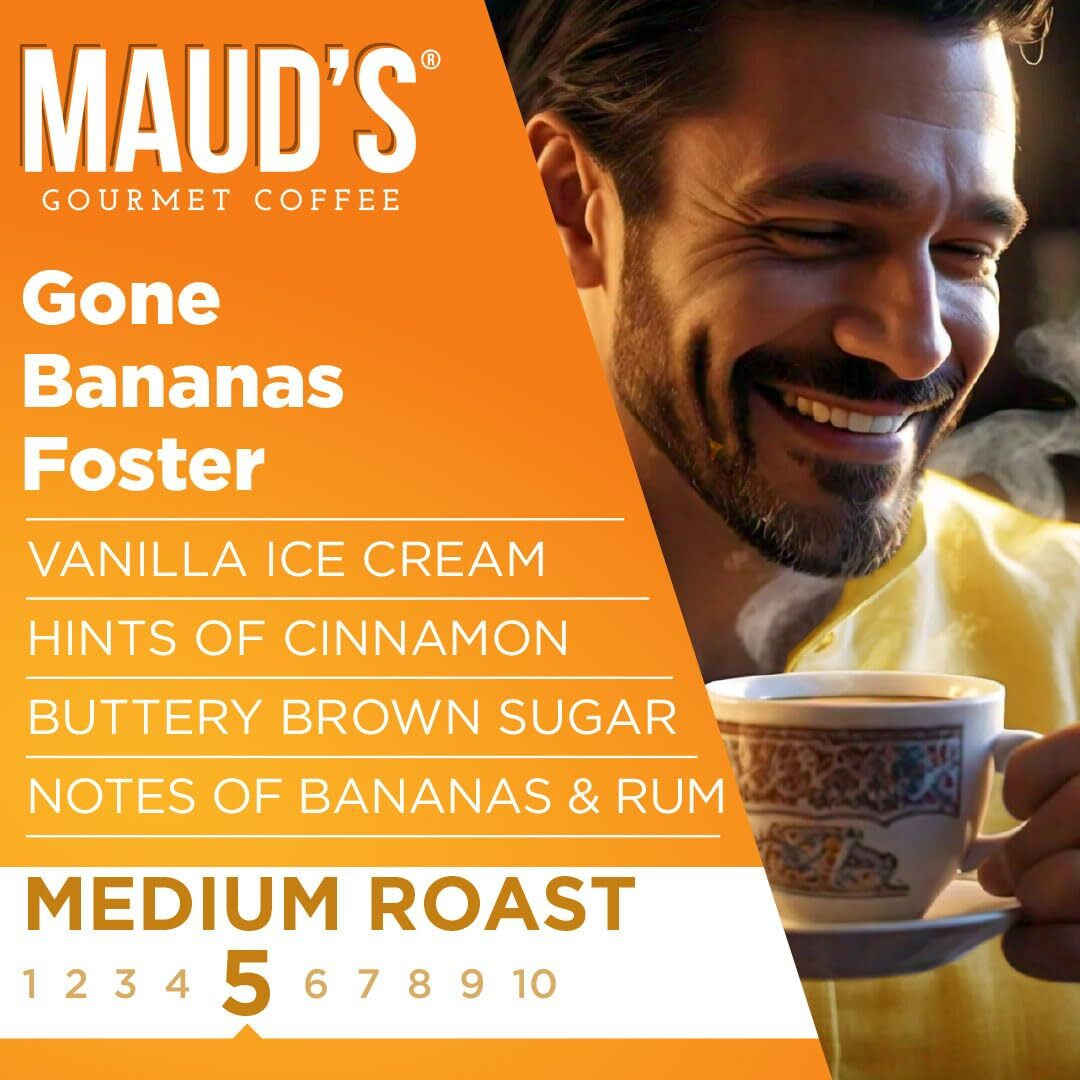 Maud's Banana Foster Flavored Coffee Pods  50 Ct | Gone Banana's Foster Flavor | 100% Arabica Medium Roast Coffee | Solar Energy Produced Recyclable Pods Compatible With Keurig K Cups Maker