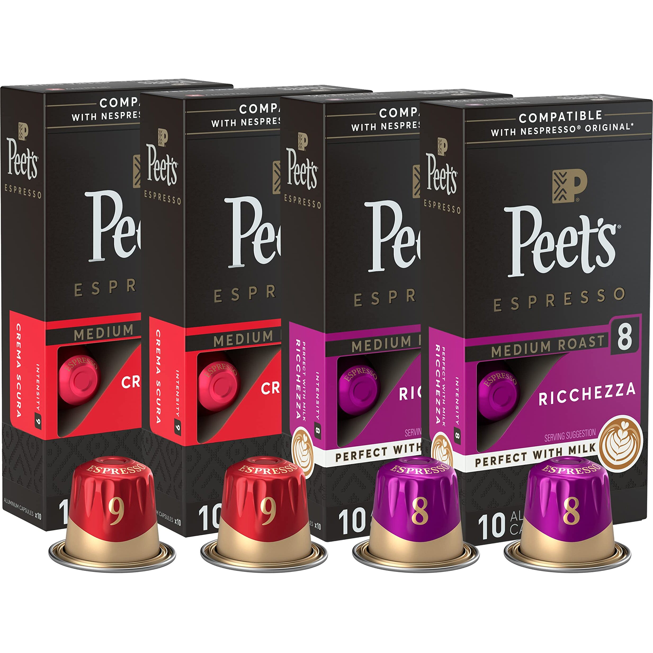 Peet's Coffee  Medium Roast Espresso Coffee Pods Variety Pack  Intensity 8-9  40 Count (4 Boxes Of 10 Espresso Capsules)