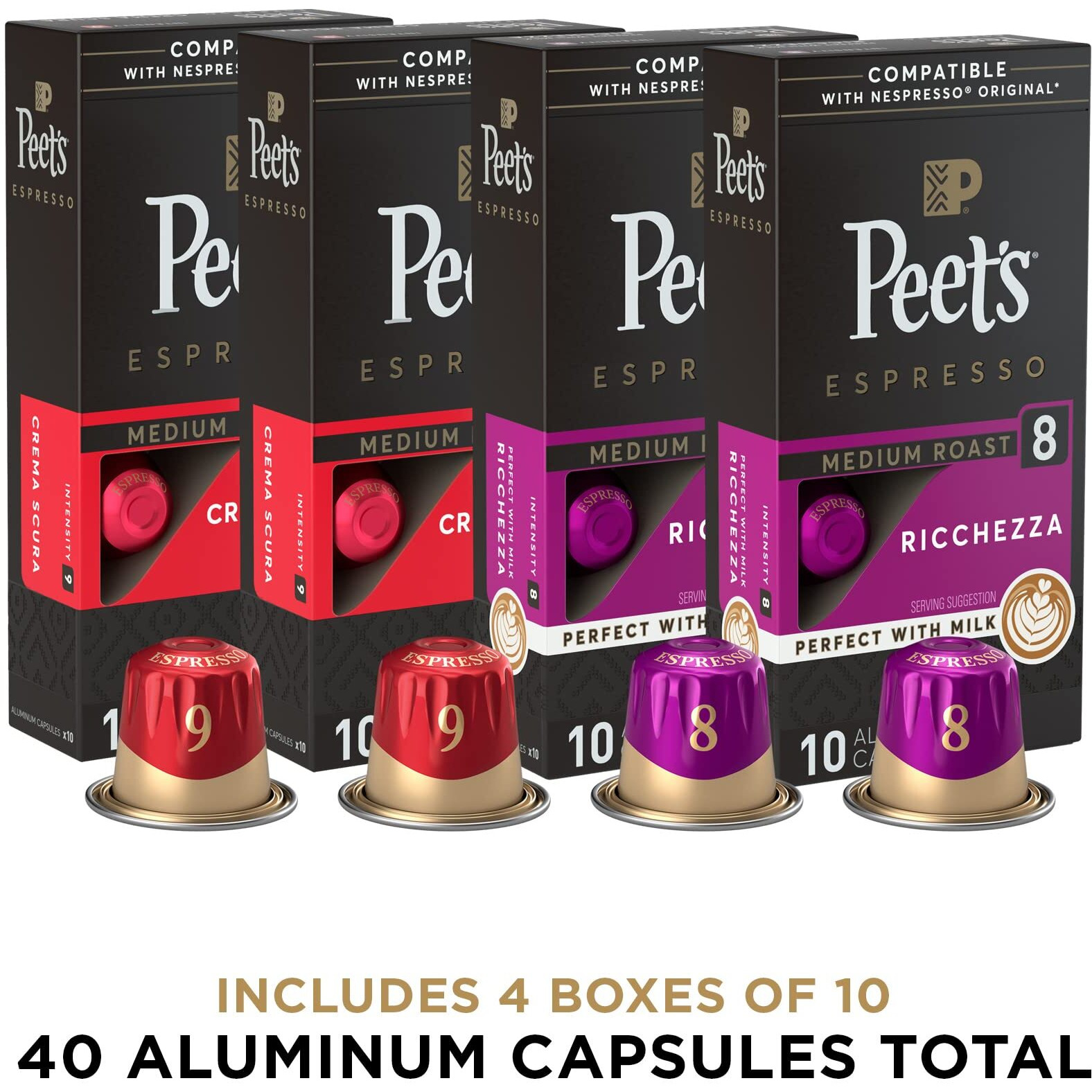 Peet's Coffee  Medium Roast Espresso Coffee Pods Variety Pack  Intensity 8-9  40 Count (4 Boxes Of 10 Espresso Capsules)