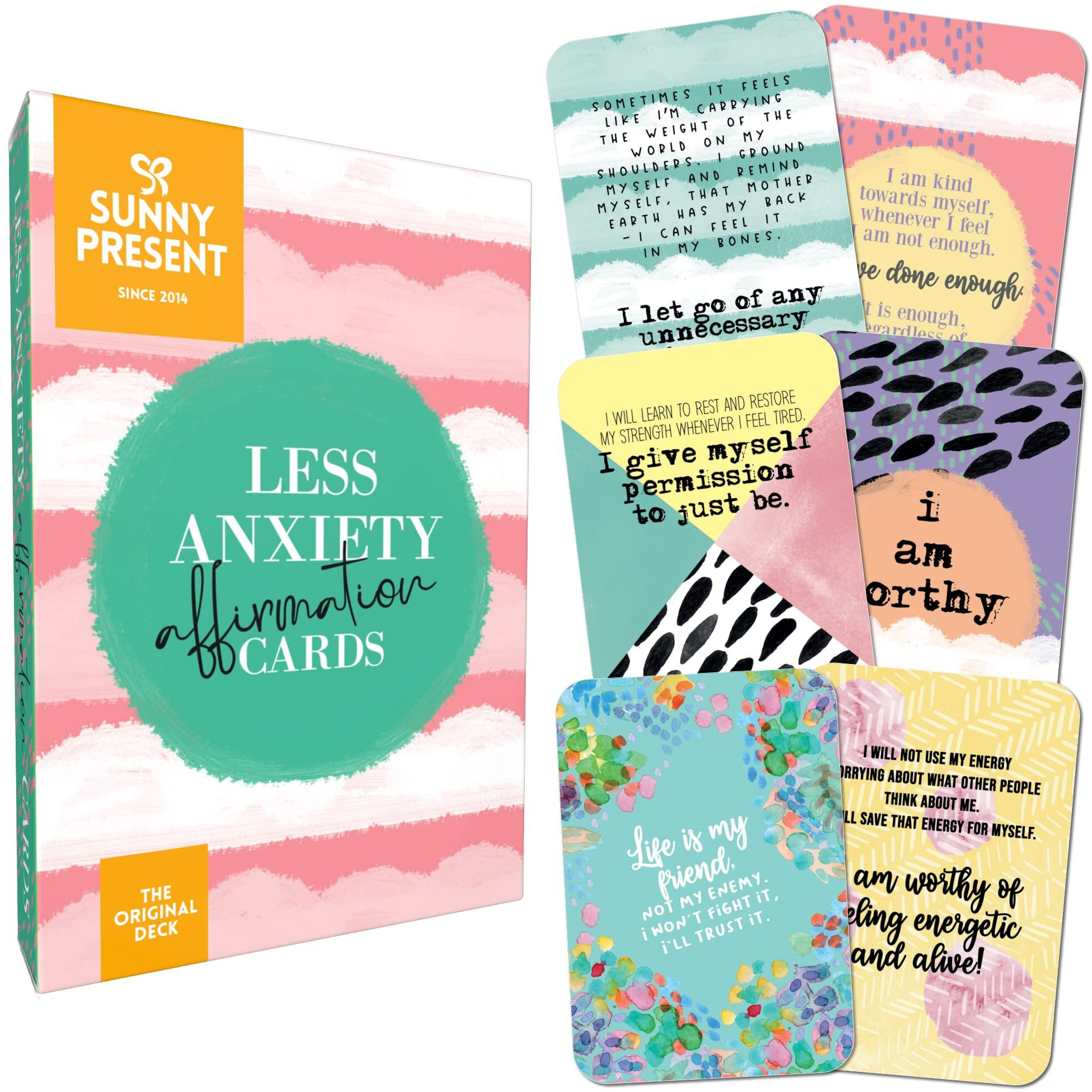 Sunny Present Less Anxiety Affirmation Cards - 45 Beautifully Illustrated Self Care Cards To Help Stress & Anxiety  Relaxation