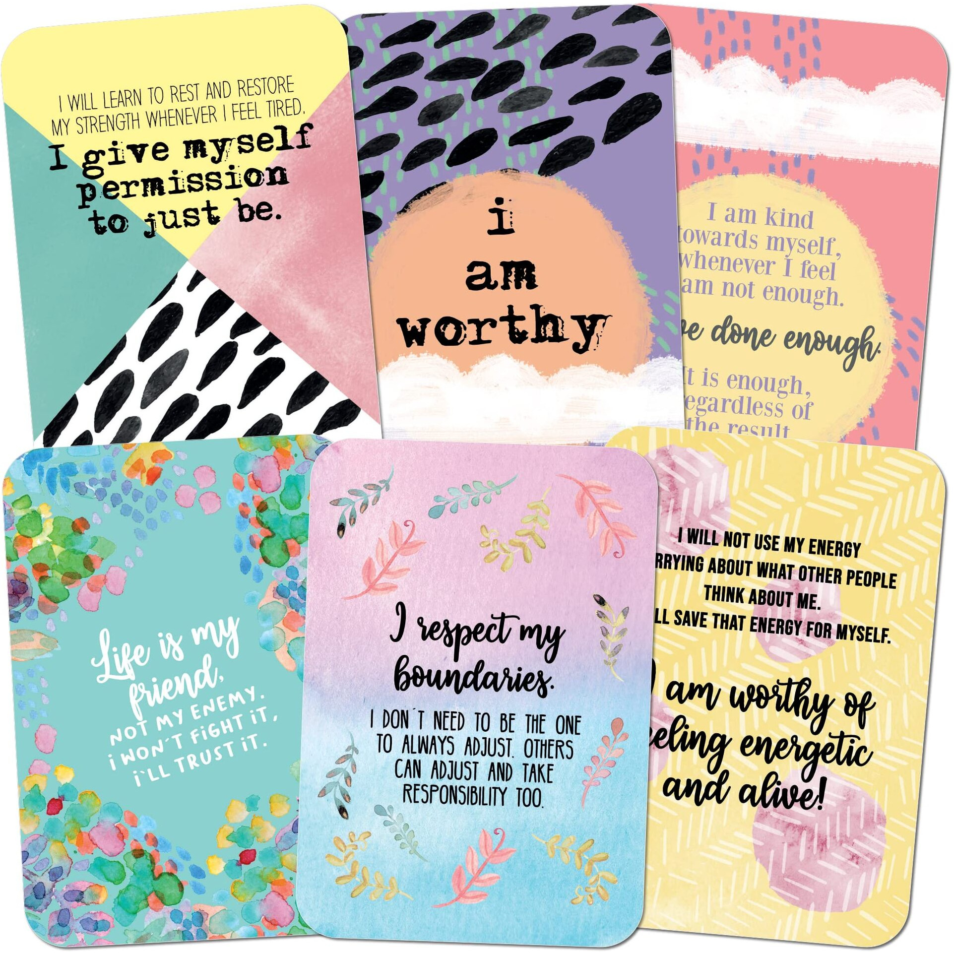 Sunny Present Less Anxiety Affirmation Cards - 45 Beautifully Illustrated Self Care Cards To Help Stress & Anxiety  Relaxation