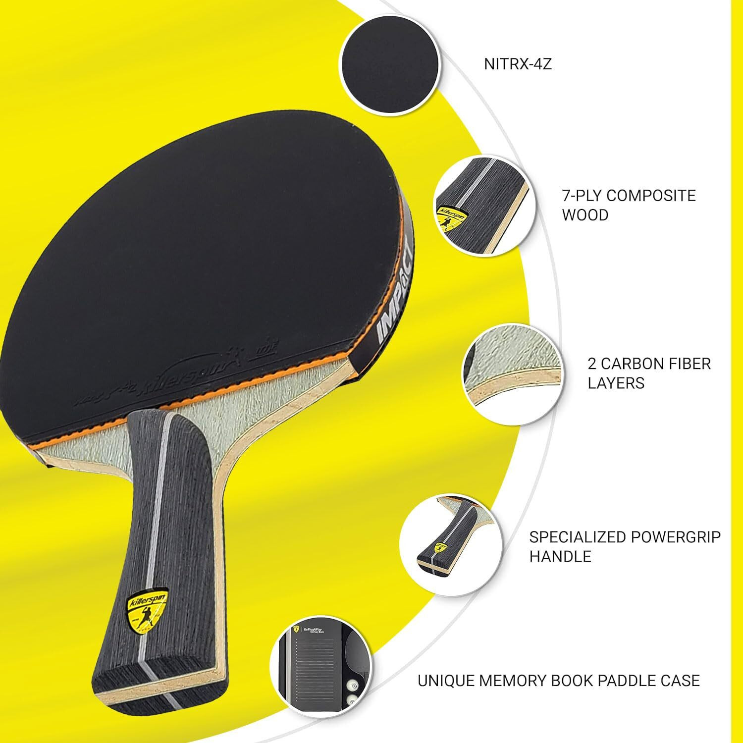 Killerspin Impact D9 Powergrip Table Tennis Paddles  Table Tennis Racket  Ping Pong Paddle Case  Table Tennis Equipment For Intermediates/Advanced Players  7-Ply Wood