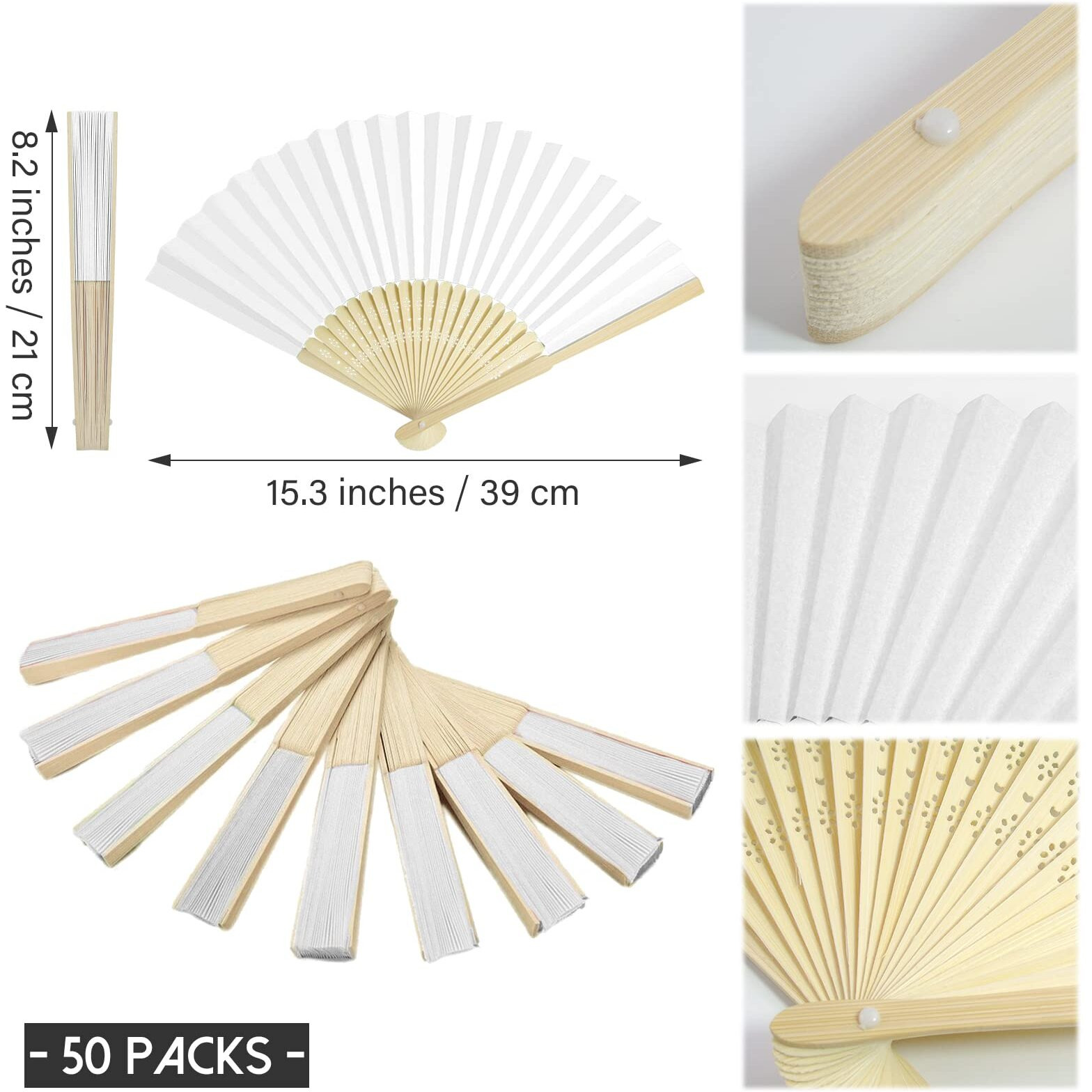 Grosun 50 Packs White Paper Fans Paper Hand Fan Bamboo Folding Fan Handheld Fan Paper Folded Fan Paper Fan For Wedding Party And Home Decoration