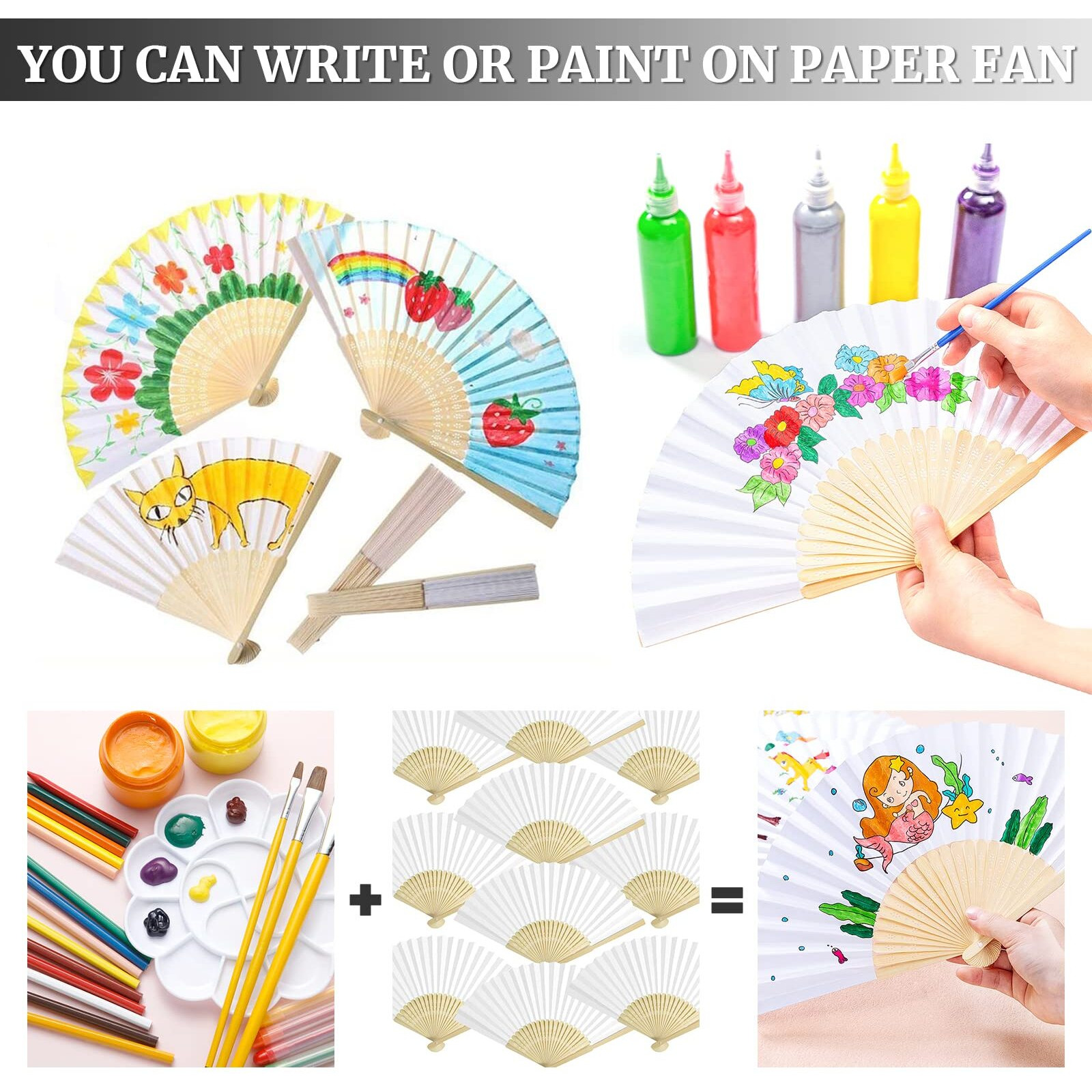 Grosun 50 Packs White Paper Fans Paper Hand Fan Bamboo Folding Fan Handheld Fan Paper Folded Fan Paper Fan For Wedding Party And Home Decoration