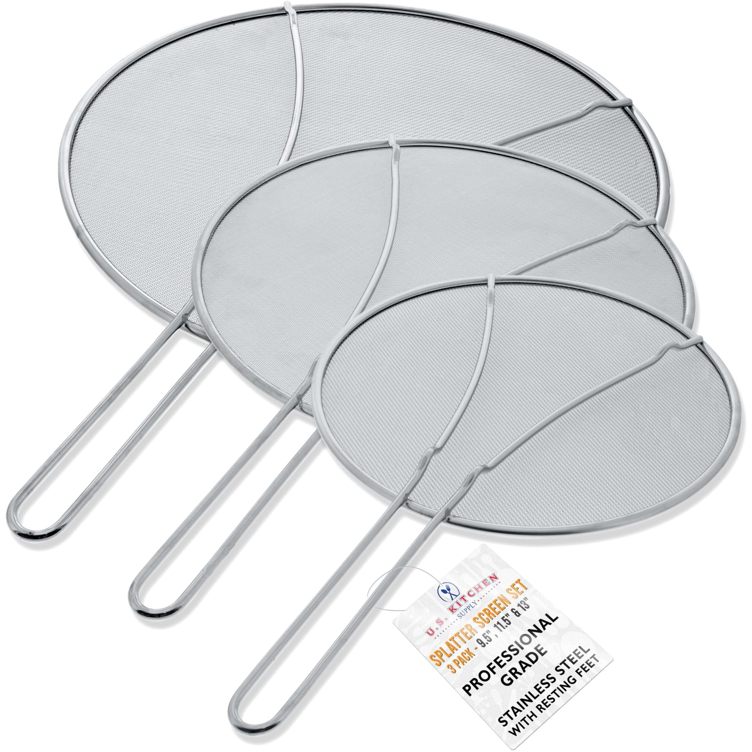 U.S. Kitchen Supply 13""  11.5""  9.5"" Stainless Steel Fine Mesh Splatter Screen With Resting Feet Set - Use On Boiling Pots  Frying Pans - Grease Guard