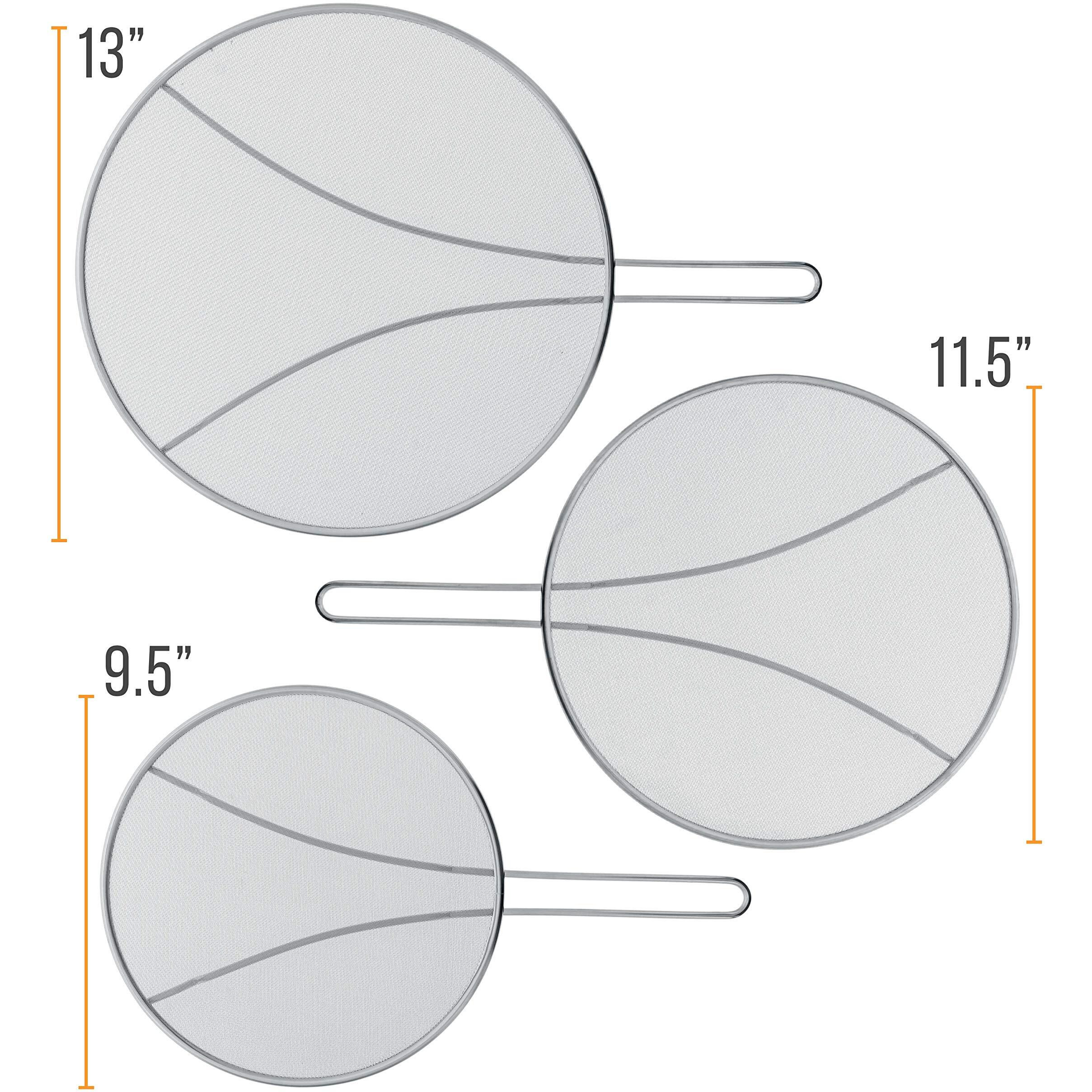 U.S. Kitchen Supply 13""  11.5""  9.5"" Stainless Steel Fine Mesh Splatter Screen With Resting Feet Set - Use On Boiling Pots  Frying Pans - Grease Guard