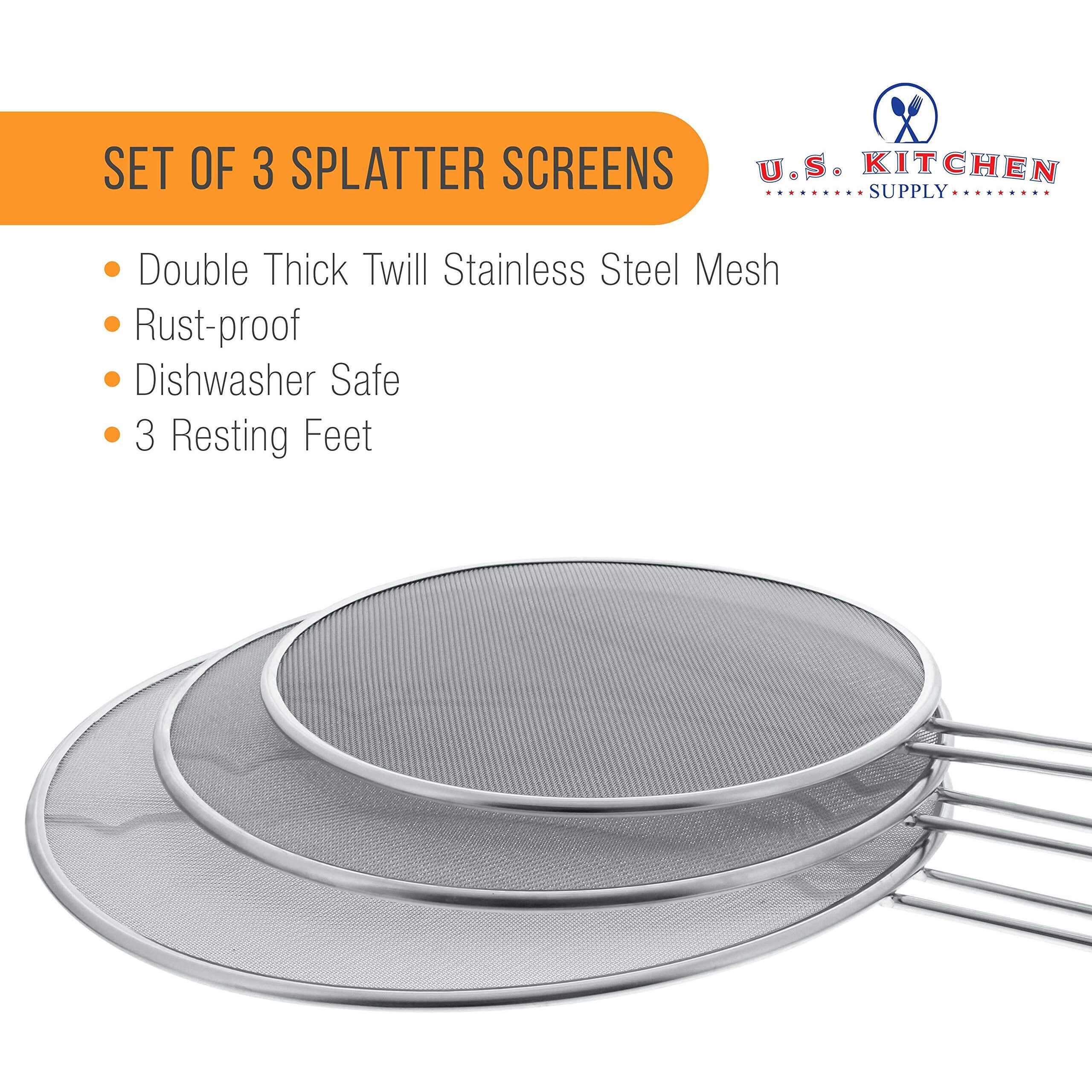 U.S. Kitchen Supply 13""  11.5""  9.5"" Stainless Steel Fine Mesh Splatter Screen With Resting Feet Set - Use On Boiling Pots  Frying Pans - Grease Guard