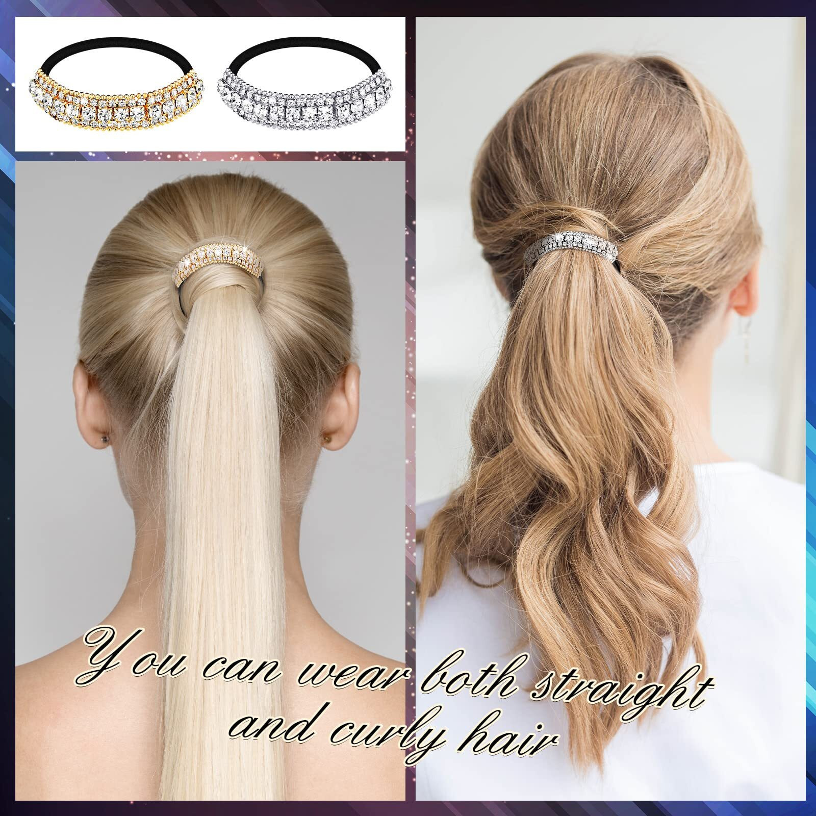 10 Pcs Rhinestones Hair Ties Bling Hair Bands Hair Clip Barrettes Glitter Crystal Ponytail Holders Silver Gold Scrunchies Hair Accessories For Valentine's Day Women Girls Birthday Mother's Day Gift