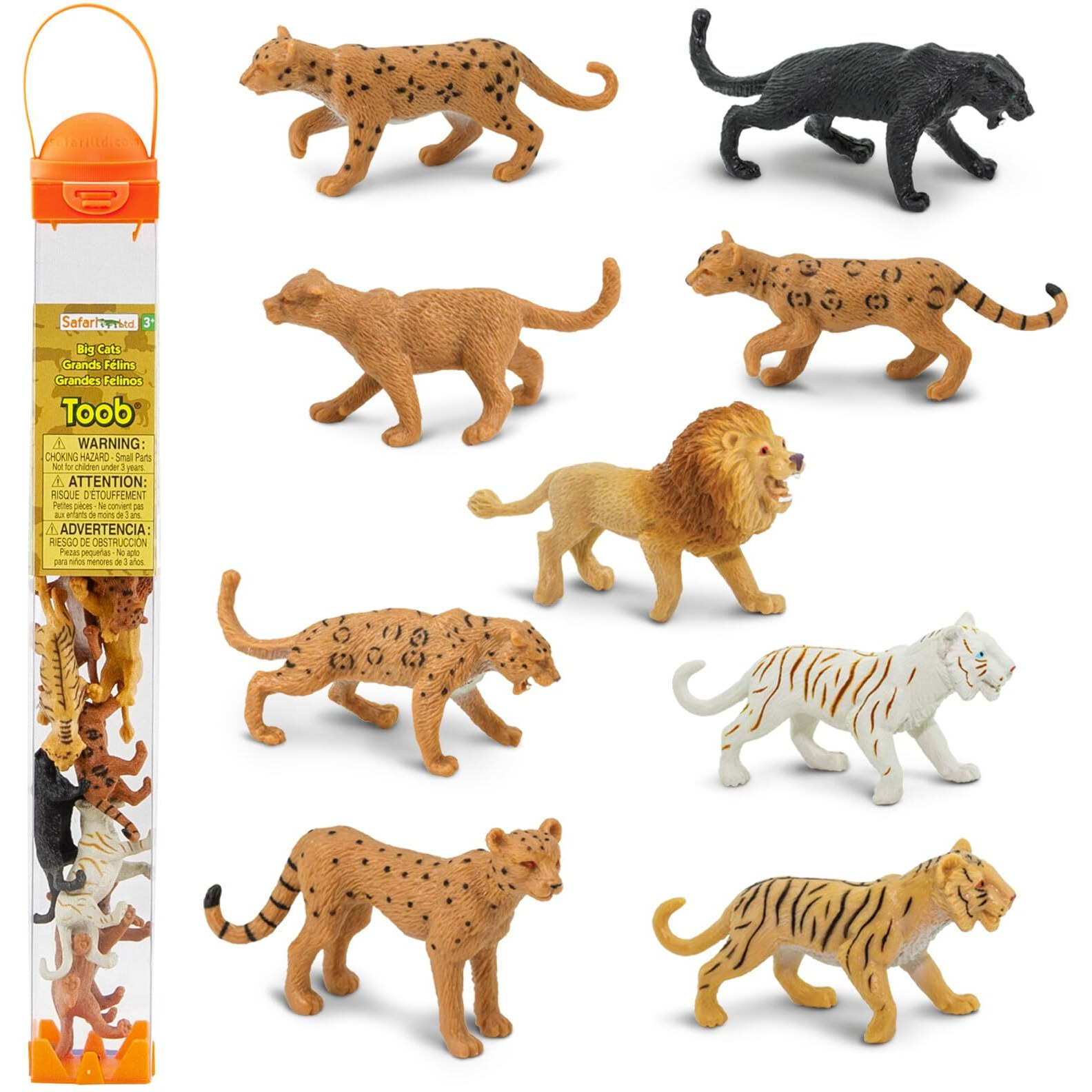 Safari Ltd. Big Cats Toob - 9 Mini Figurines Including Lion  Tiger  White Tiger  Jaguar  Black Jaguar  Mountain Lion  Cheetah  Leopard  And Ocelot - Educational Toy For Boys  Girls & Kids Ages 3+