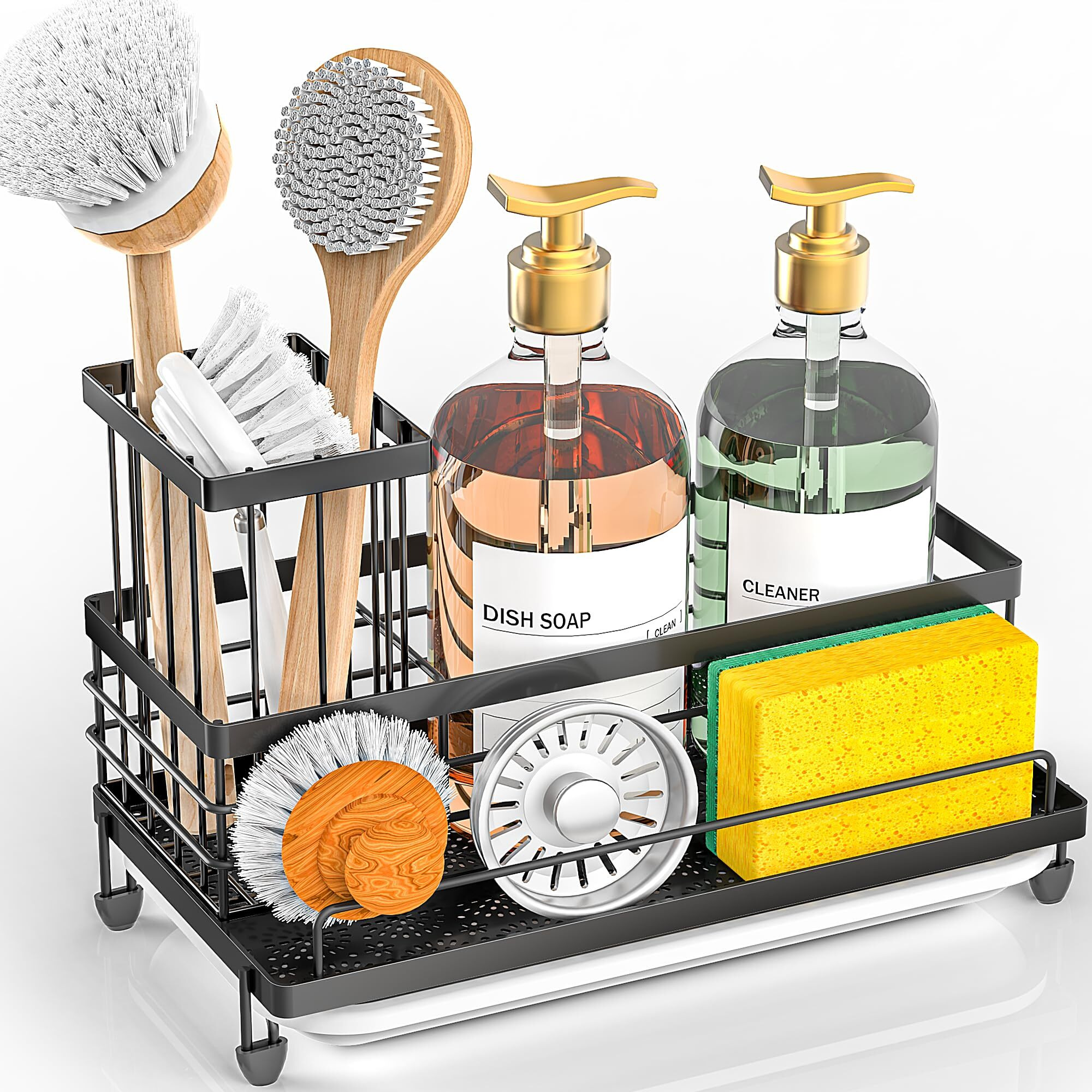 Cisily Kitchen Sink Caddy Organizer  Rustproof Non-Slip Soap Dish Dispenser Brush  Sponge Holder For Kitchen Sink  Kitchen Organization And Storage  Home Essentials Accessories(Matte Black)