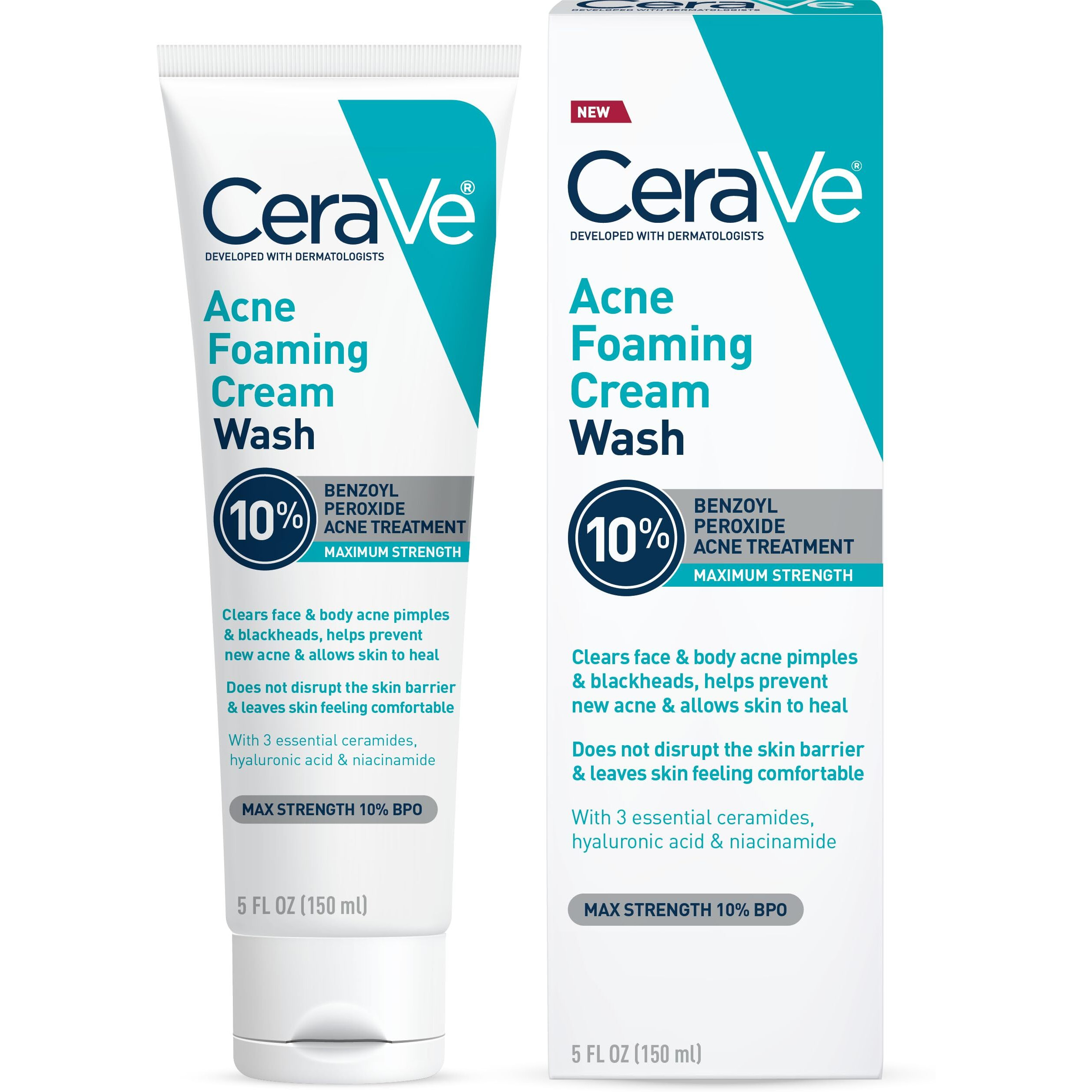 Cerave Acne Foaming Cream Wash | Gentle Face And Body Acne Cleanser With Benzoyl Peroxide 10%  Hyaluronic Acid  And Niacinamide | Acne Treatment Clears Pimples  Blackheads  Chest And Back Acne | 5 Oz