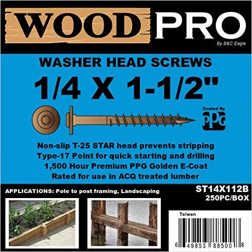 Woodpro Fasteners St14X112B 1/4-Inch By 1-1/2-Inch Length Round Washer Head Exterior Wood Screws  250-Pack   Gold