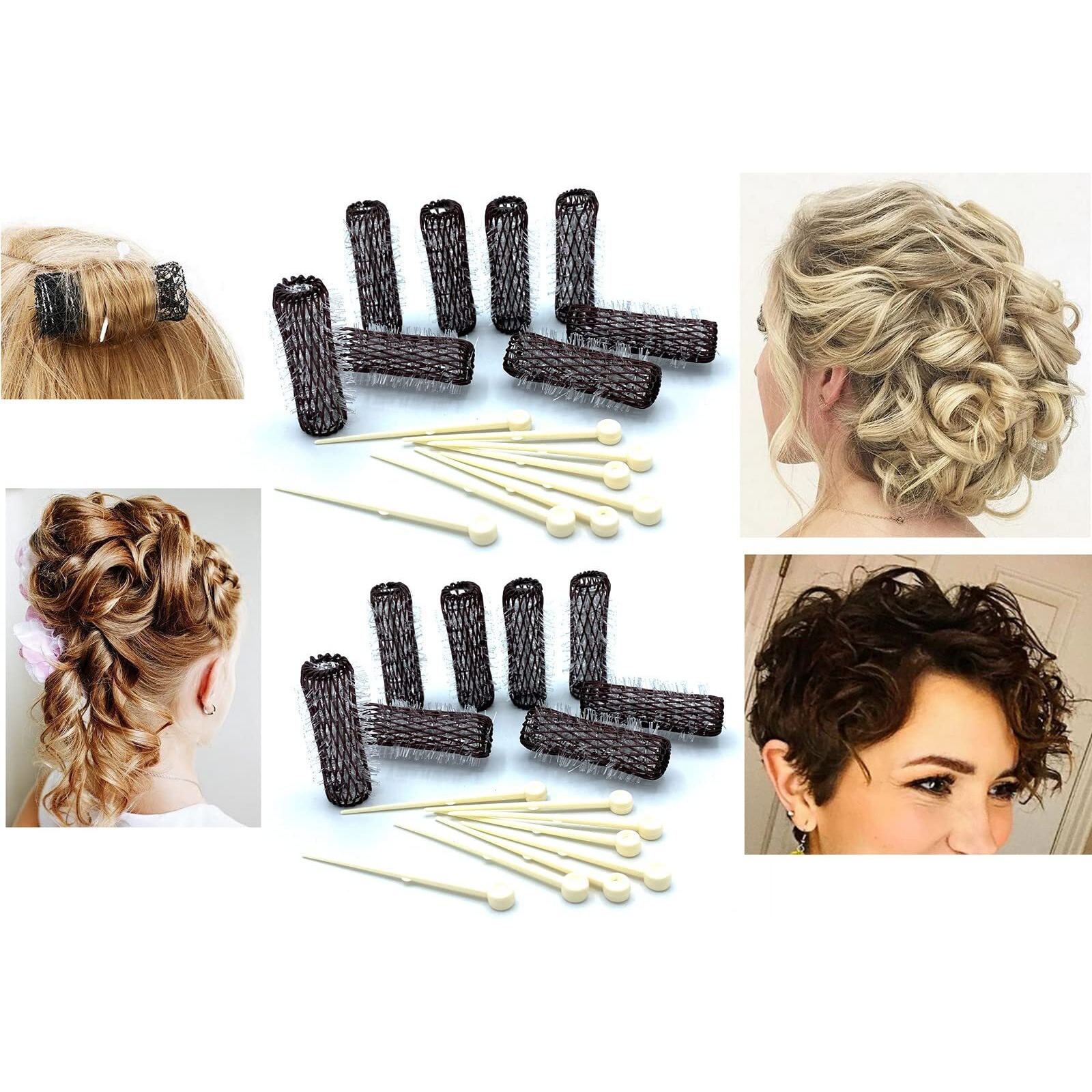 16 Pc Vintage Style Hair Roller Mini Small Brush Rollers Mesh Curlers Bristles 2"&quotX 1/2"" Flexible Locking Pins Small Curls Short Hair