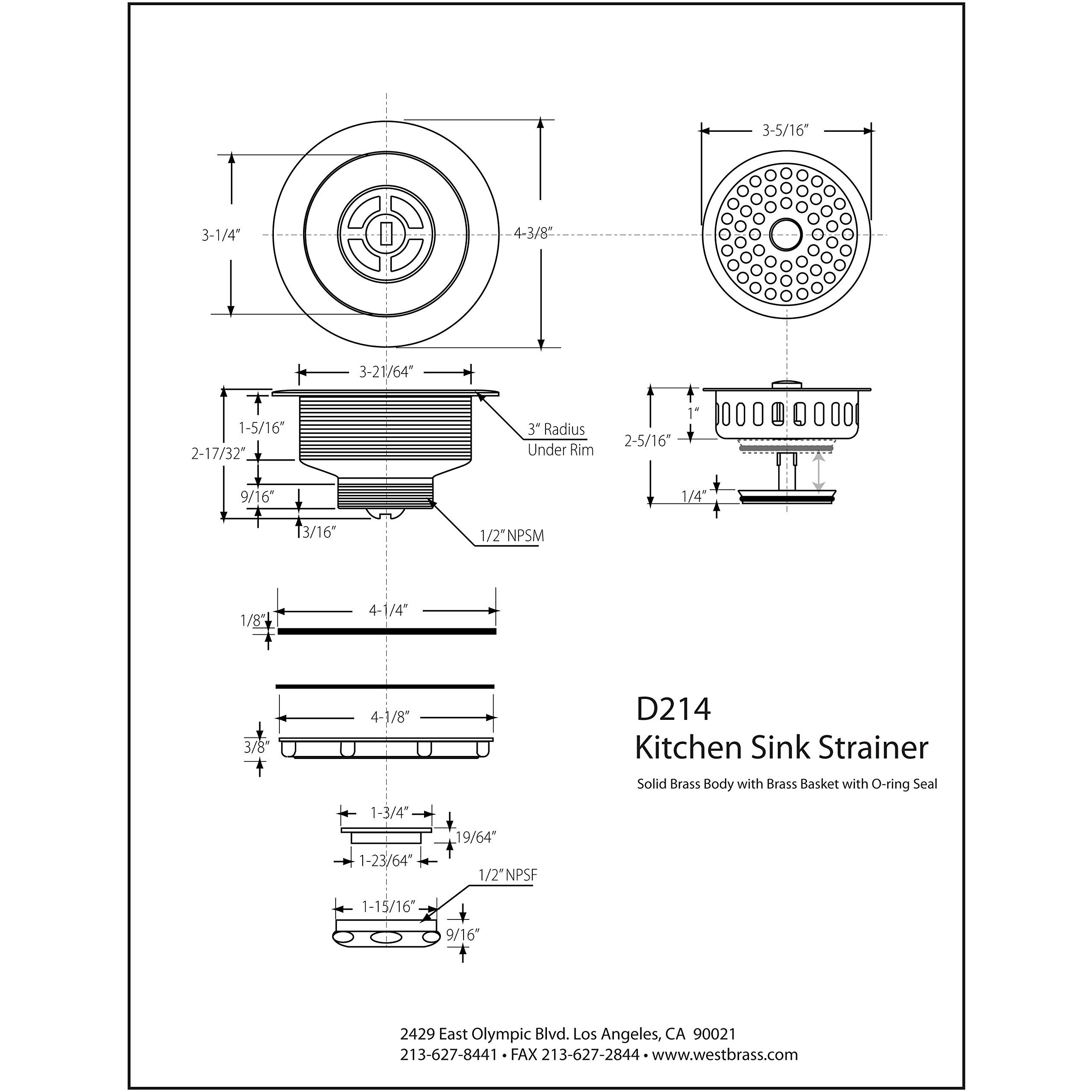 Westbrass D214-01 3-1/2"" Post Style Large Kitchen Sink Basket Strainer  1-Pack  Polished Brass