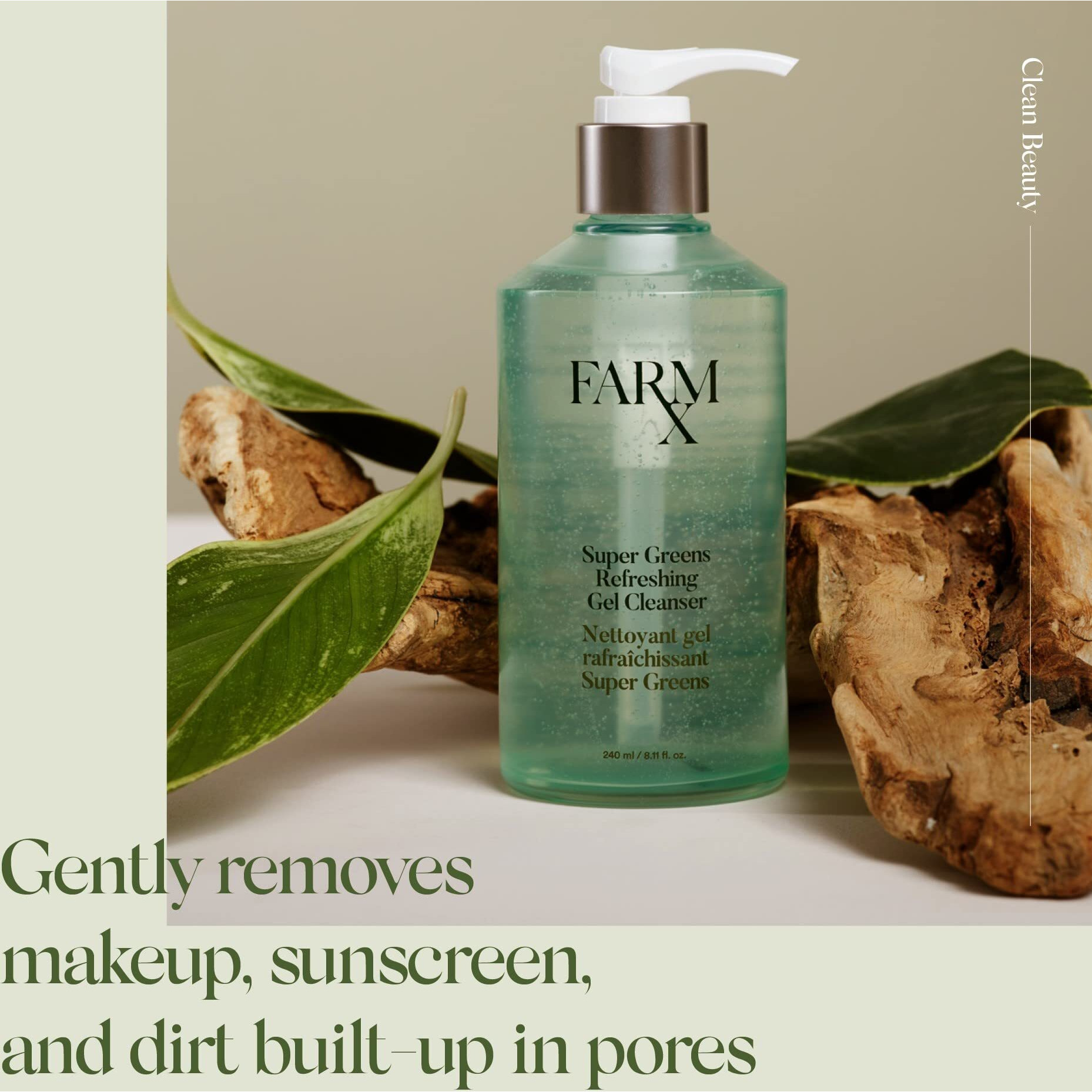 Farm Rx Super Greens Refillable Gel Facial Cleanser - Vegan Natural Daily Gel Cleanser With Super Green Ingredients To Cleanse Skin And Remove Dirt And Makeup (240Ml/8.11 Fl Oz) Clean Beauty