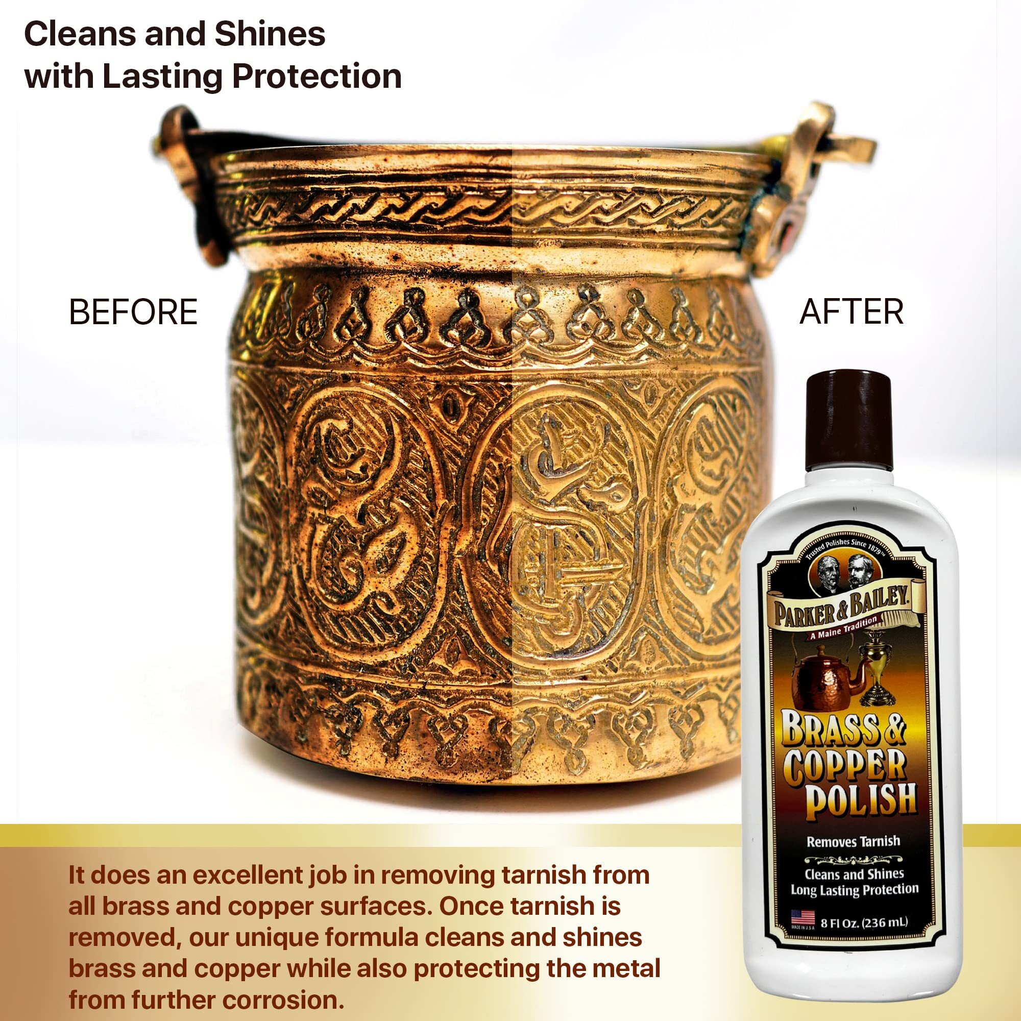 Parker & Bailey Brass And Copper Polish - Brass Polish Cleaner Copper Cleaner And Polish Tarnish Remover Metal Polish Cream For Polishing Antique Decor Pans Furniture 8 Oz Bottle