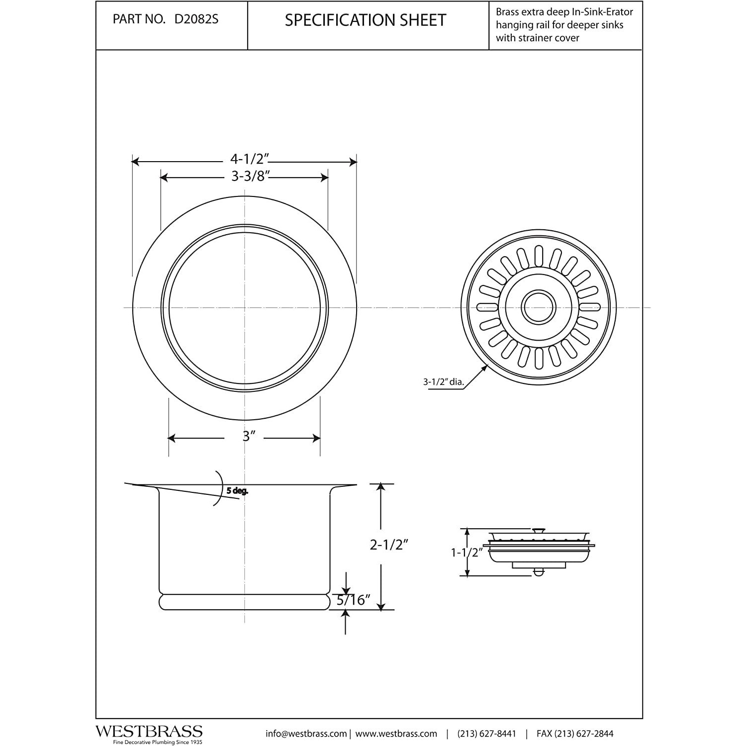 Westbrass D2082S-01 Extra-Deep Waste Disposal Flange & Strainer  Polished Brass