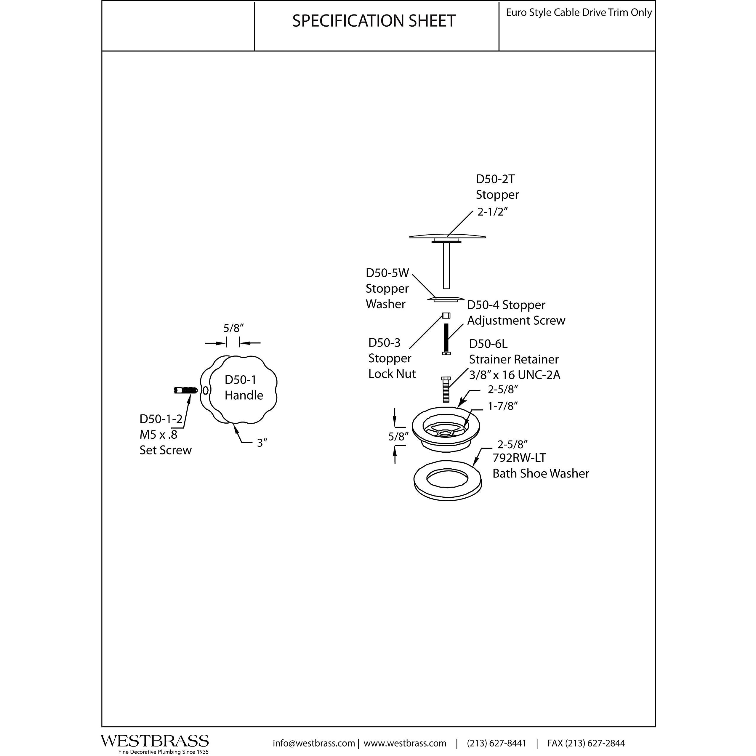 Westbrass A50Te-07 Standard 1-1/2"" Replacement Trim For Cable Drive Bath Drain Waste & Overflow Assemblies  1-Pack  Satin Nickel