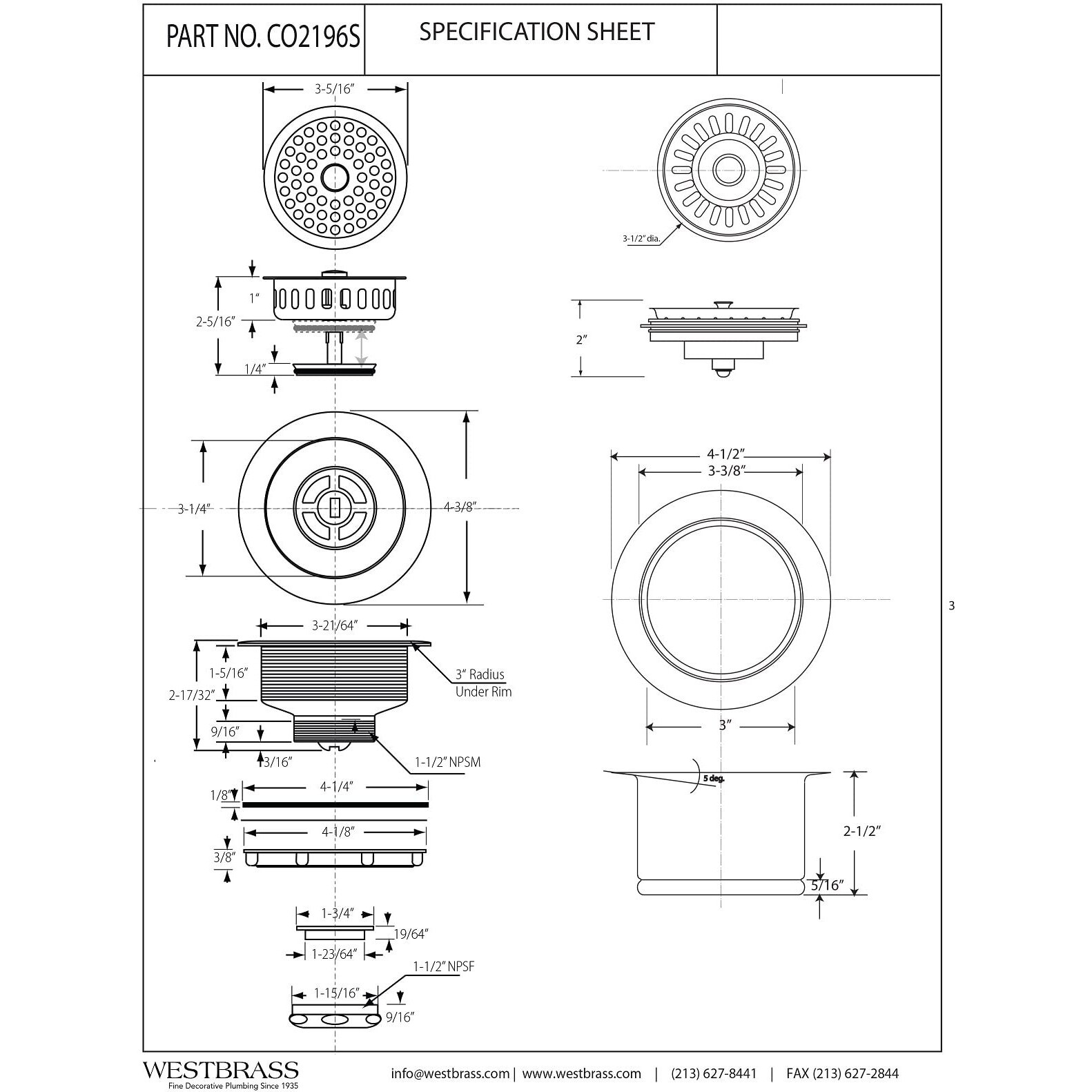 Westbrass Co2196S-12 Combo Pack 3-1/2"" Post Style Large Basket Extra-Deep Collar Kitchen Sink Waste Disposal Flange With Strainer Stopper  Oil Rubbed Bronze
