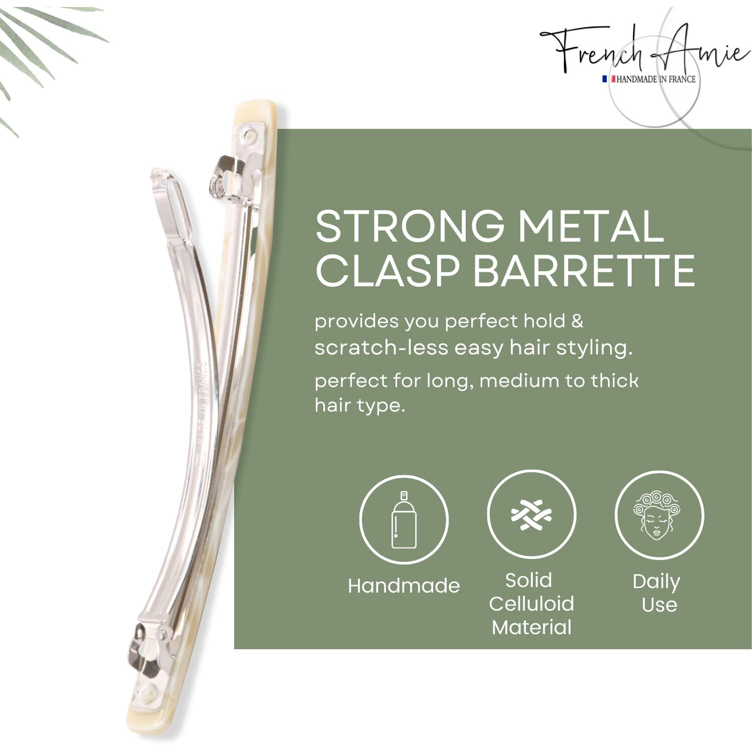 French Amie Long And Thin Large 4"" Handmade Celluloid Hair Barrette Clip For Girls Automatic Strong Hold Hair Clips For Women No Slip Durable Paris Hair Accessories  Made In France (Cream Nougat)