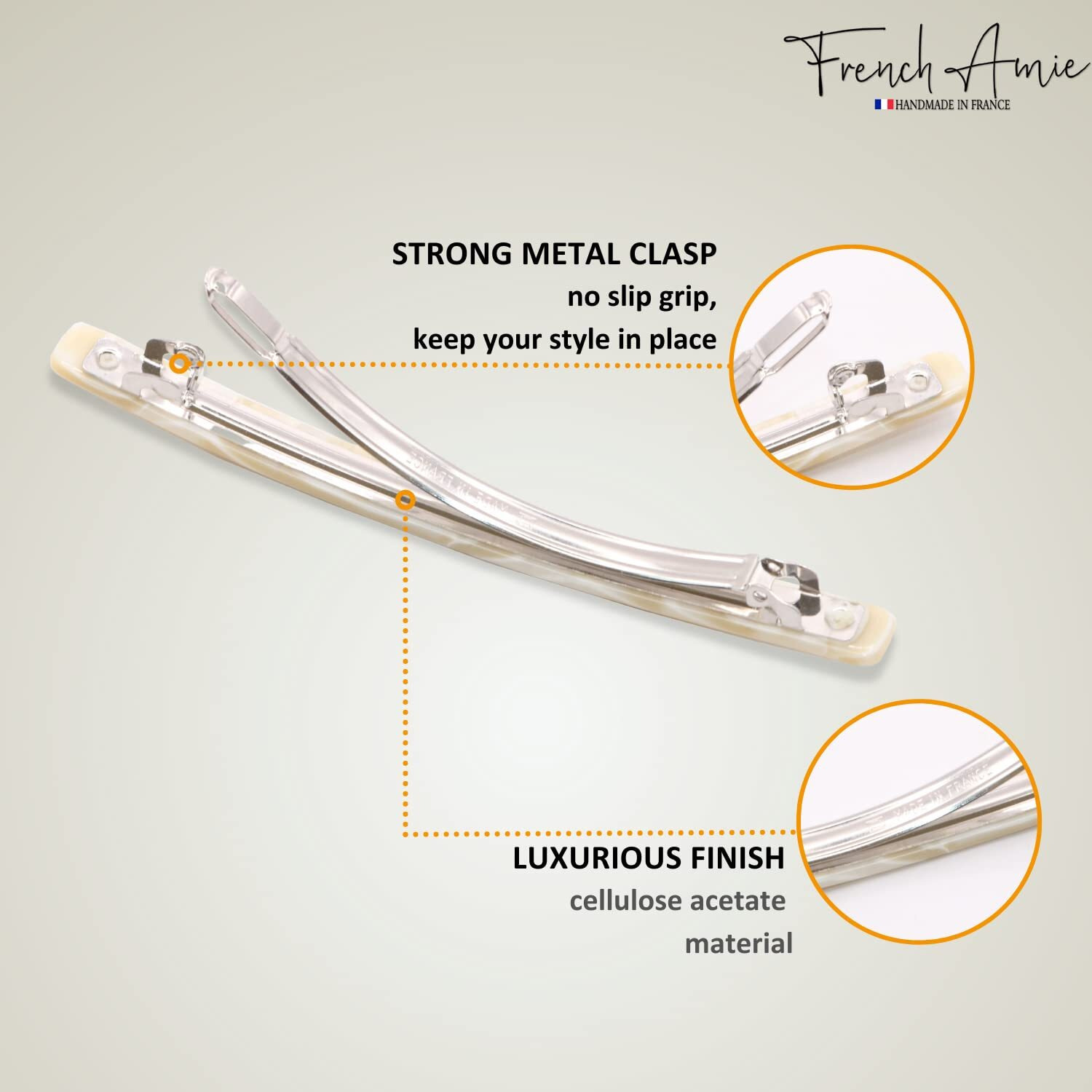 French Amie Long And Thin Large 4"" Handmade Celluloid Hair Barrette Clip For Girls Automatic Strong Hold Hair Clips For Women No Slip Durable Paris Hair Accessories  Made In France (Cream Nougat)