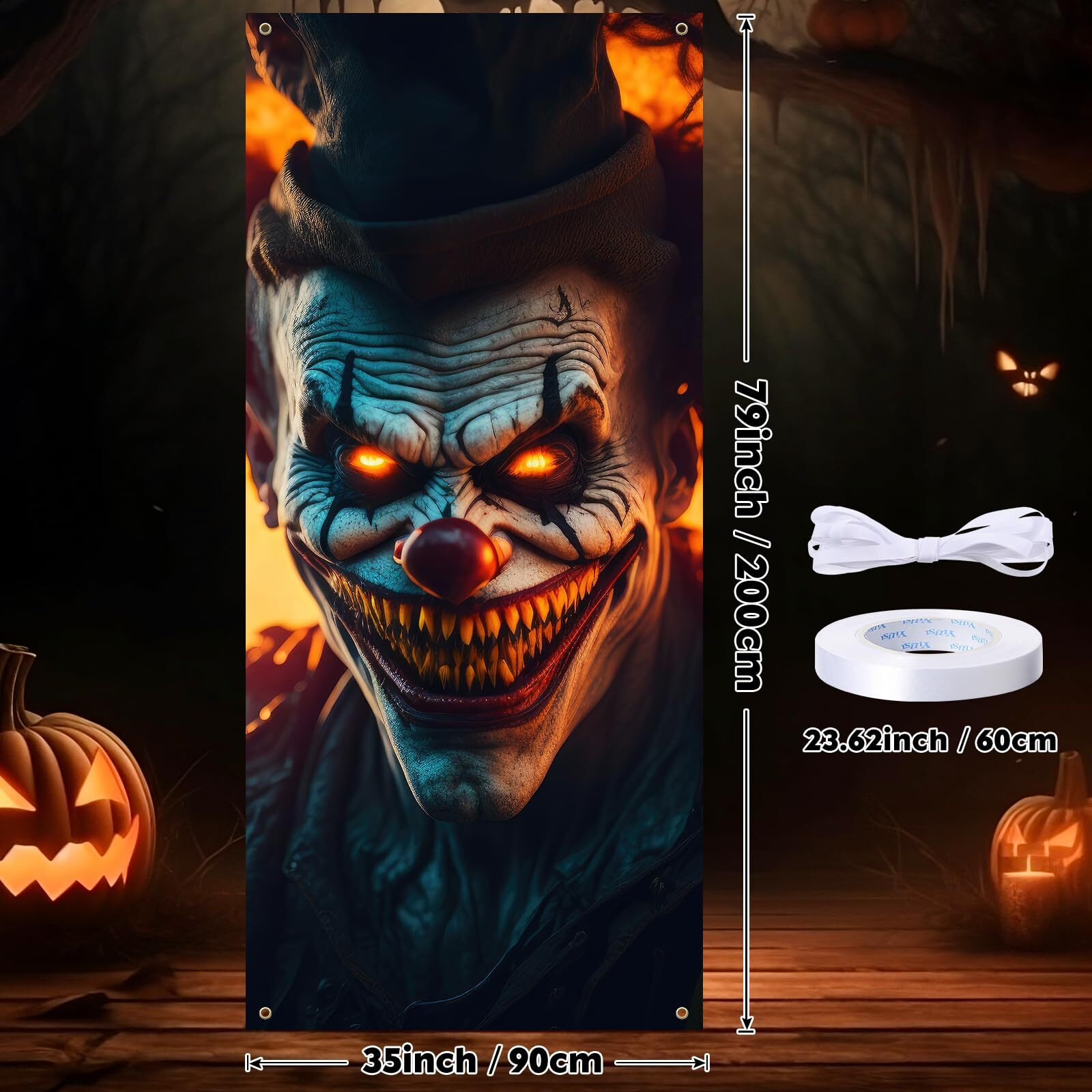 Evil Clown Ghost Door Cover Halloween Door Decorations 79 X 35 Inches Scary Clown Ghost Window Decals Creepy Photo Posters Banner Backdrop Halloween Wallpaper Sticker For Door Window (Horrible Clown)