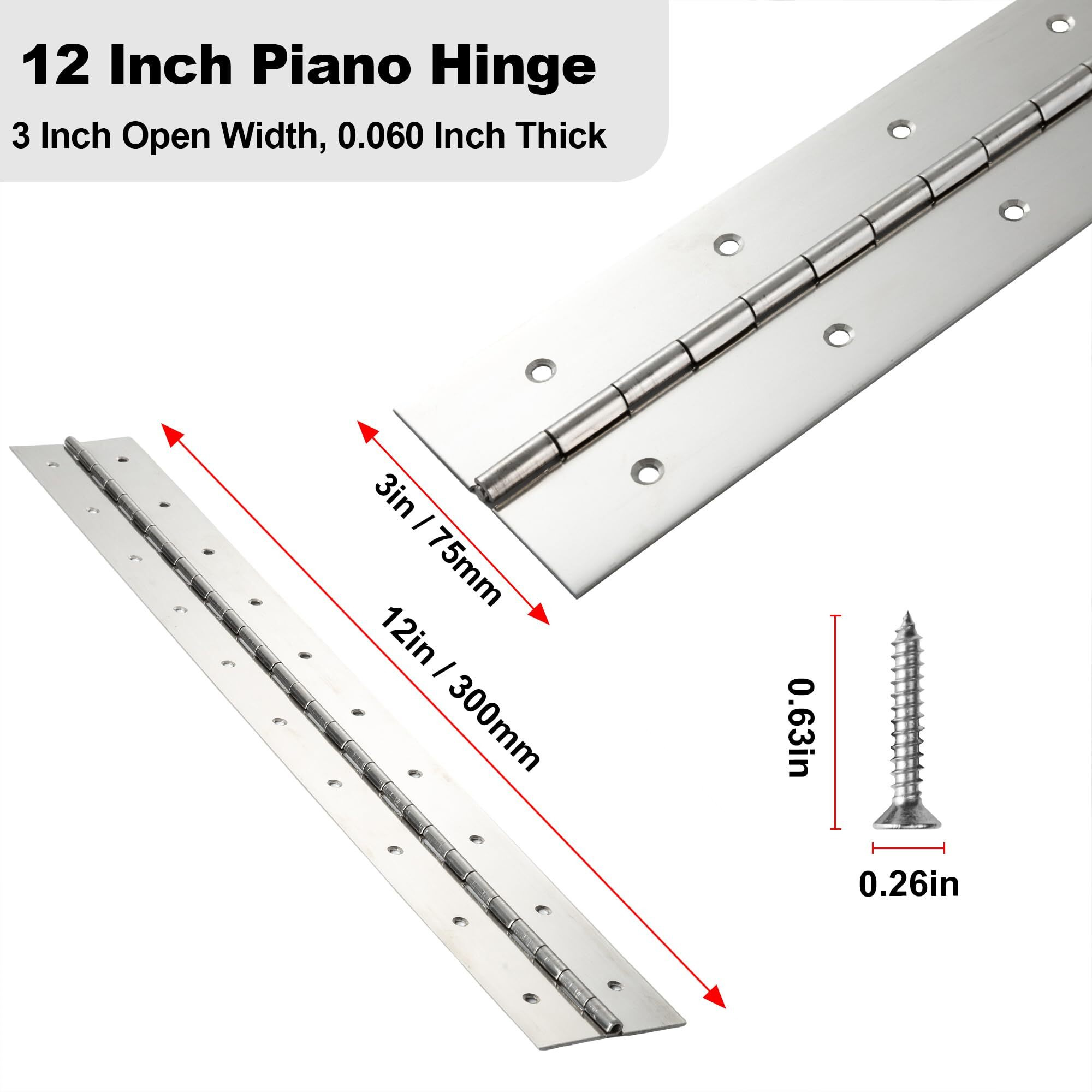 Heavy Duty Piano Hinge 12 Inch X 3 Inch Width  True 0.060'' Thick Stainless Steel Piano Hinge For Heavy Duty Cabinet  Door  Toolbox  Wooden Box  Metal Plate  Furniture  Industrial Project