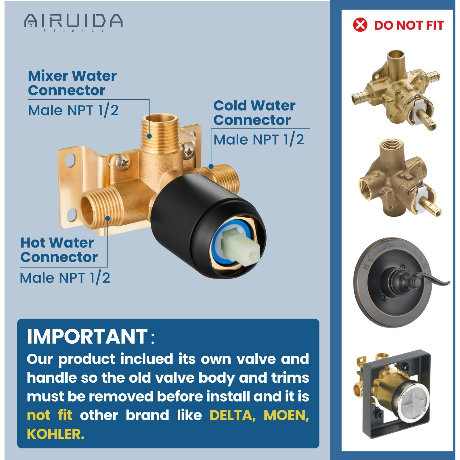 Airuida Round Single-Function Shower Handle Valve Trim Kit Shower Valves Wall Mount Brass Faucet Shower Rough-In Valve Bathroom Trim Kit Single Handle Tub Shower Valve Male Thread Matte Black