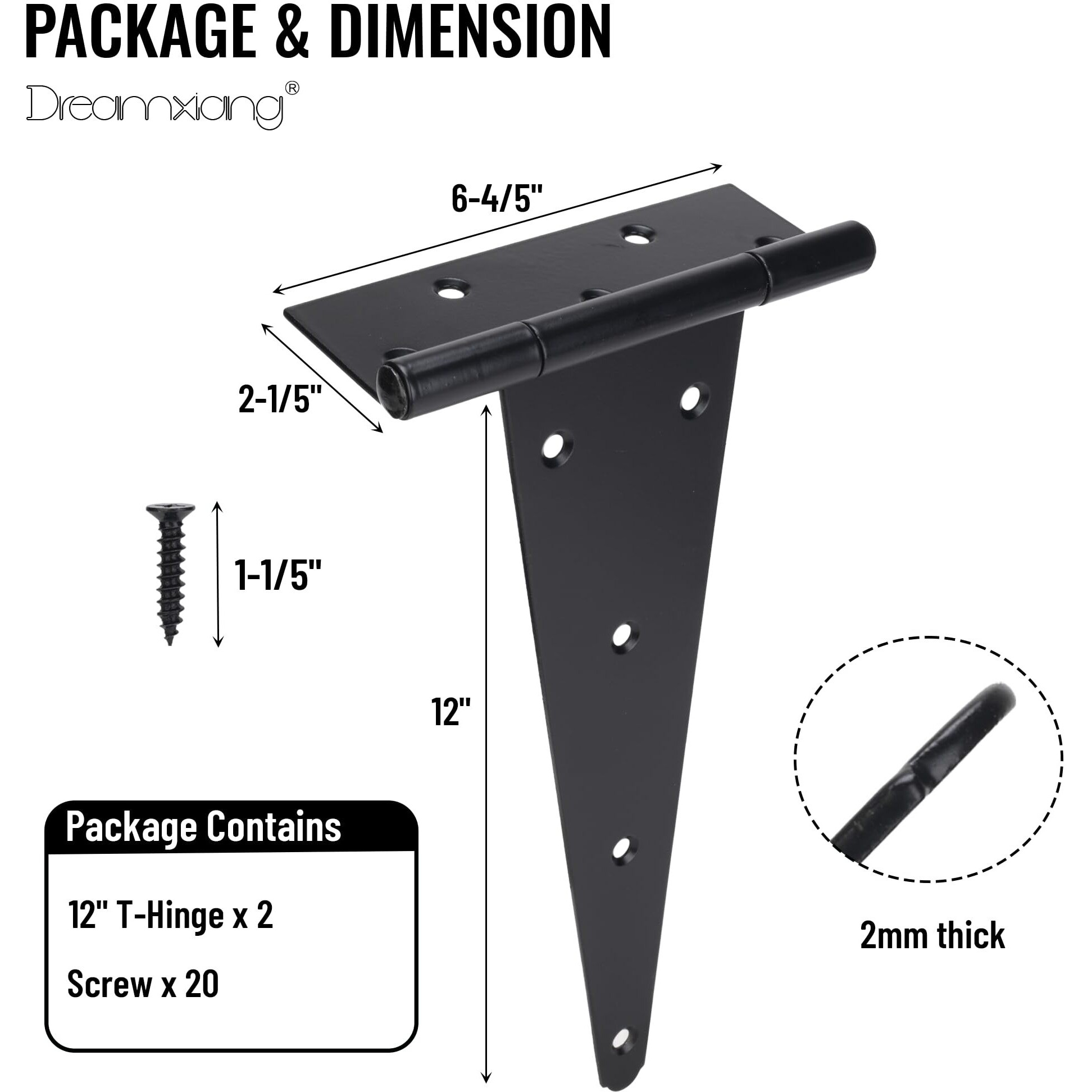 12 Inch T-Strap Gate Hinges  Heavy Duty Shed Barn Door Hinges  Black Tee Hinges For Wooden Fence  Yard Gate  Wrought Hardware Iron Rustproof (2 Pack)