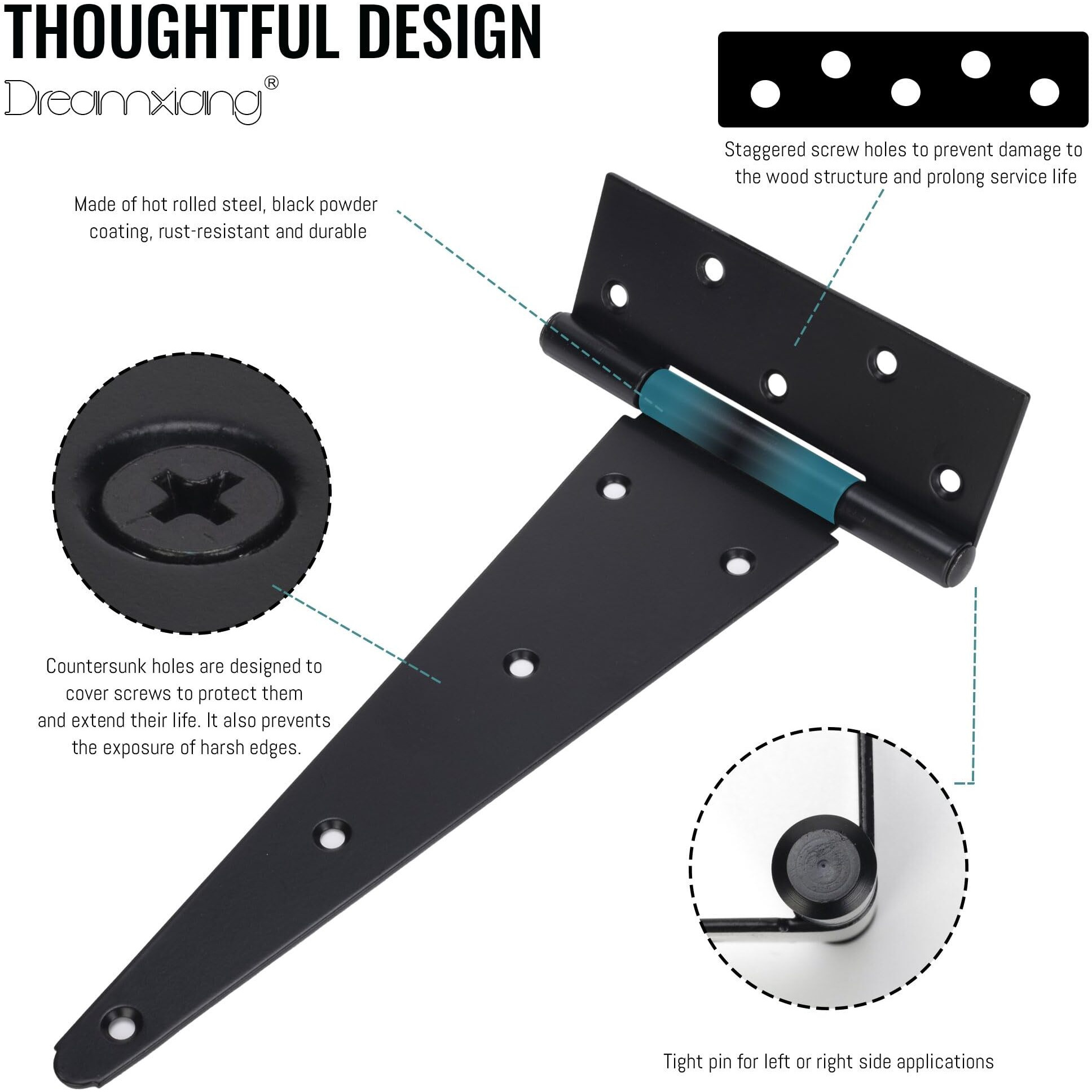 12 Inch T-Strap Gate Hinges  Heavy Duty Shed Barn Door Hinges  Black Tee Hinges For Wooden Fence  Yard Gate  Wrought Hardware Iron Rustproof (2 Pack)