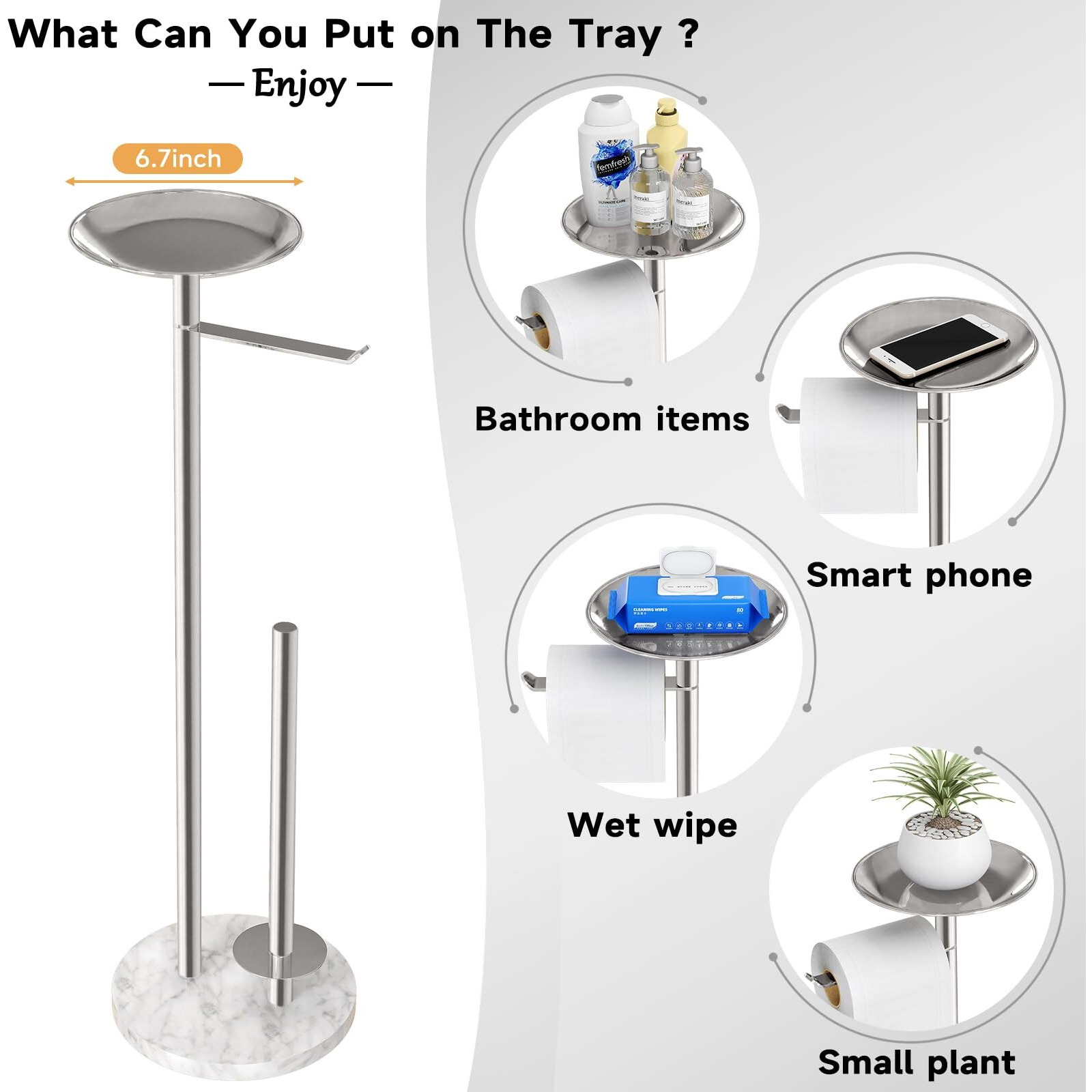 Feilern Toilet Paper Holder Stand With Marble Base  Toilet Paper Holder Stand Free Standing With Phone Shelf  Large Capacity Bathroom Toilet Paper Stand Reserve For 4 Rolls (Brush Nickel)