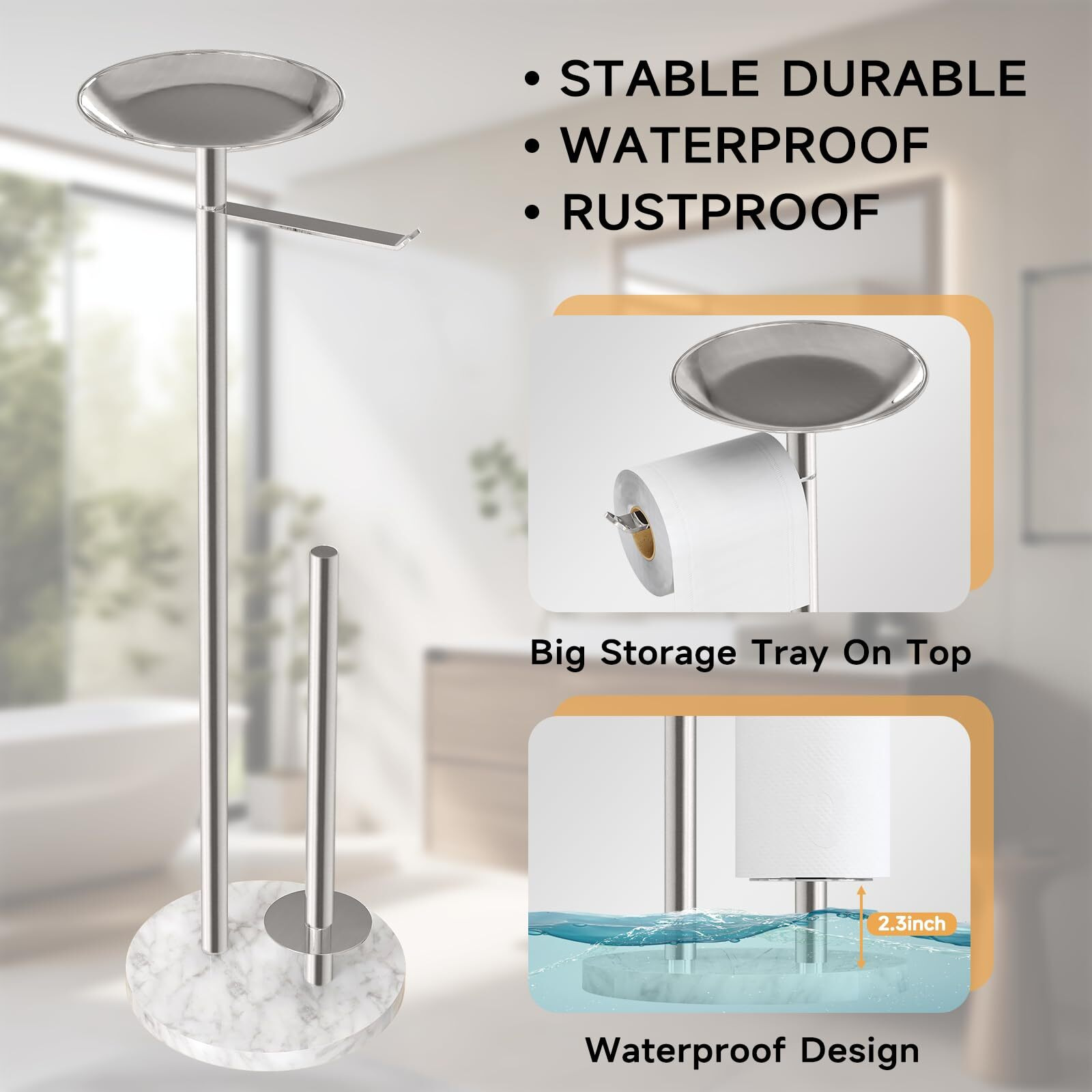 Feilern Toilet Paper Holder Stand With Marble Base  Toilet Paper Holder Stand Free Standing With Phone Shelf  Large Capacity Bathroom Toilet Paper Stand Reserve For 4 Rolls (Brush Nickel)