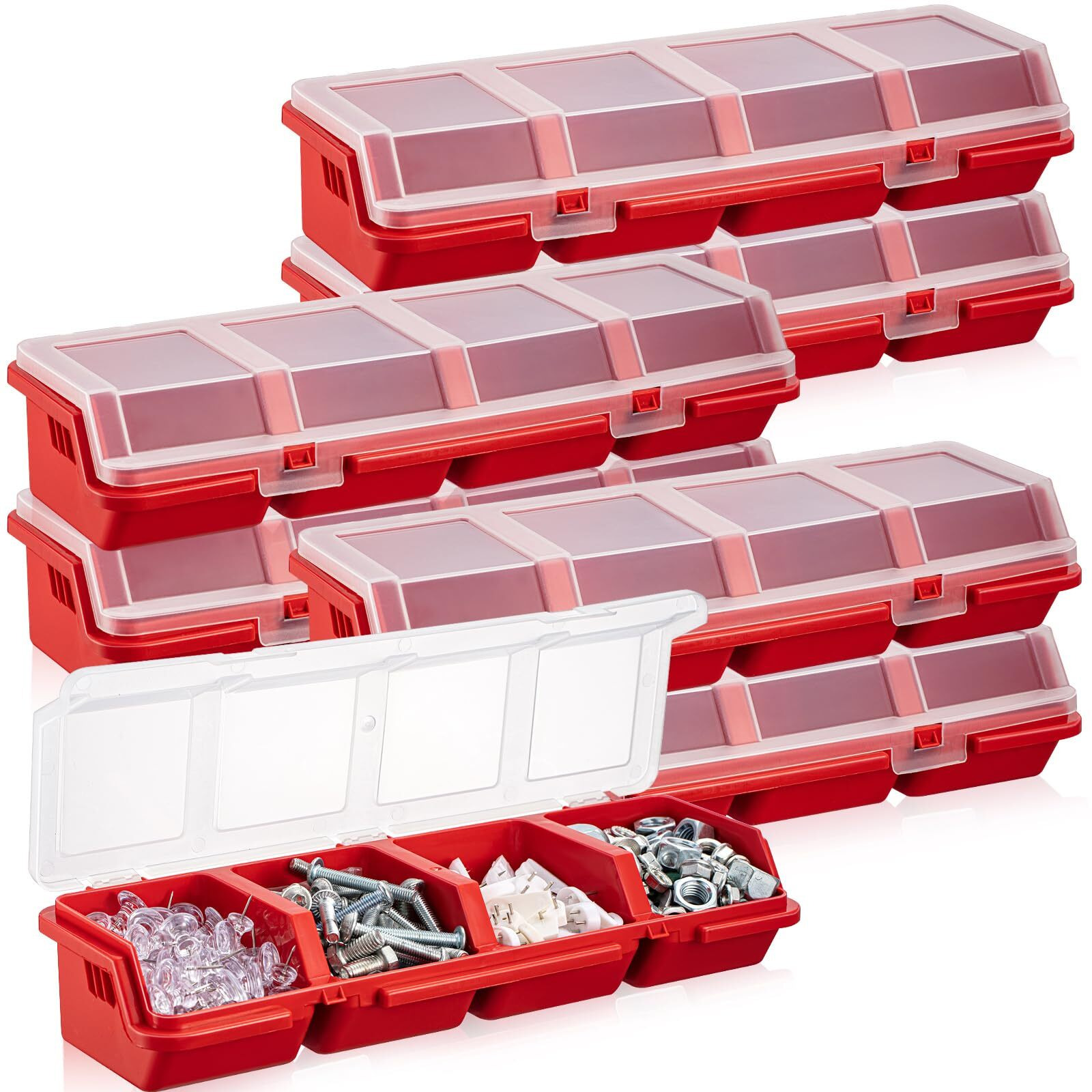 Hushee 6 Pack Screw Organizer Box With Lids 4 Compartments Tool Bin Divider Compartment Containers Sorting Screw Toolbox Case For Garage Craft Tool Hardware Workbench Organizing Storage (Red)