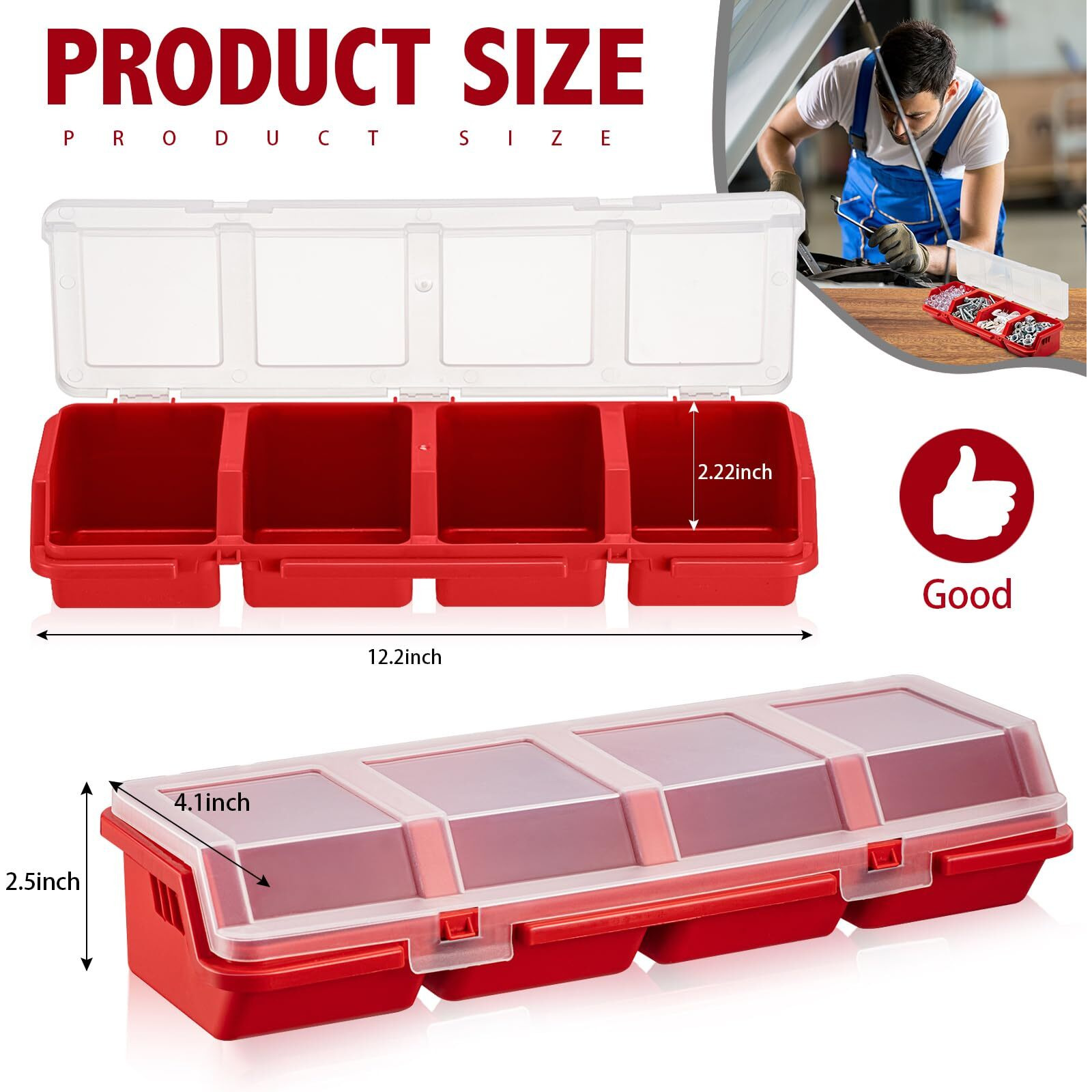 Hushee 6 Pack Screw Organizer Box With Lids 4 Compartments Tool Bin Divider Compartment Containers Sorting Screw Toolbox Case For Garage Craft Tool Hardware Workbench Organizing Storage (Red)