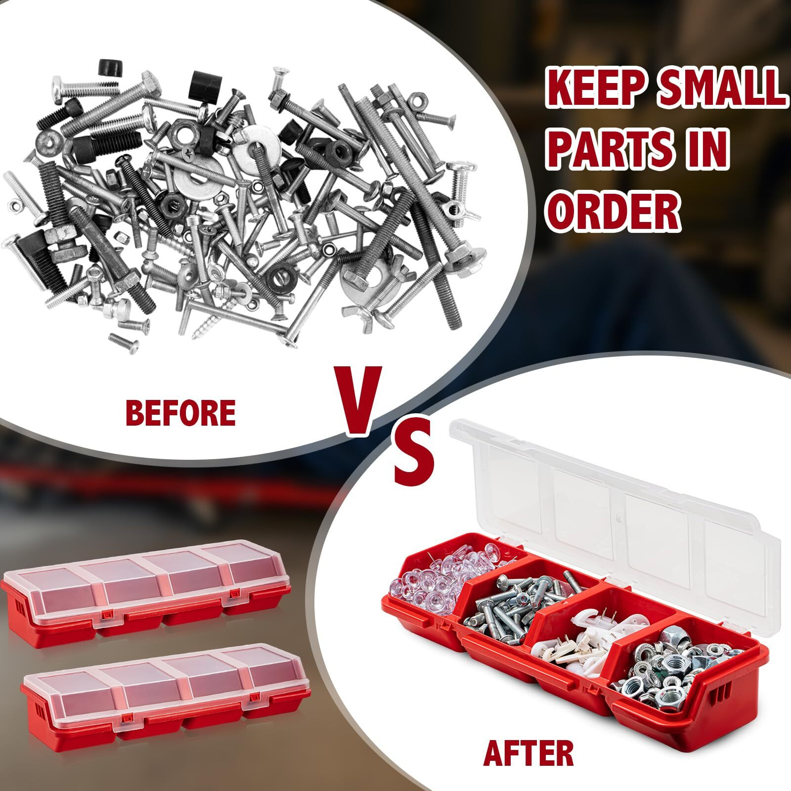 Hushee 6 Pack Screw Organizer Box With Lids 4 Compartments Tool Bin Divider Compartment Containers Sorting Screw Toolbox Case For Garage Craft Tool Hardware Workbench Organizing Storage (Red)