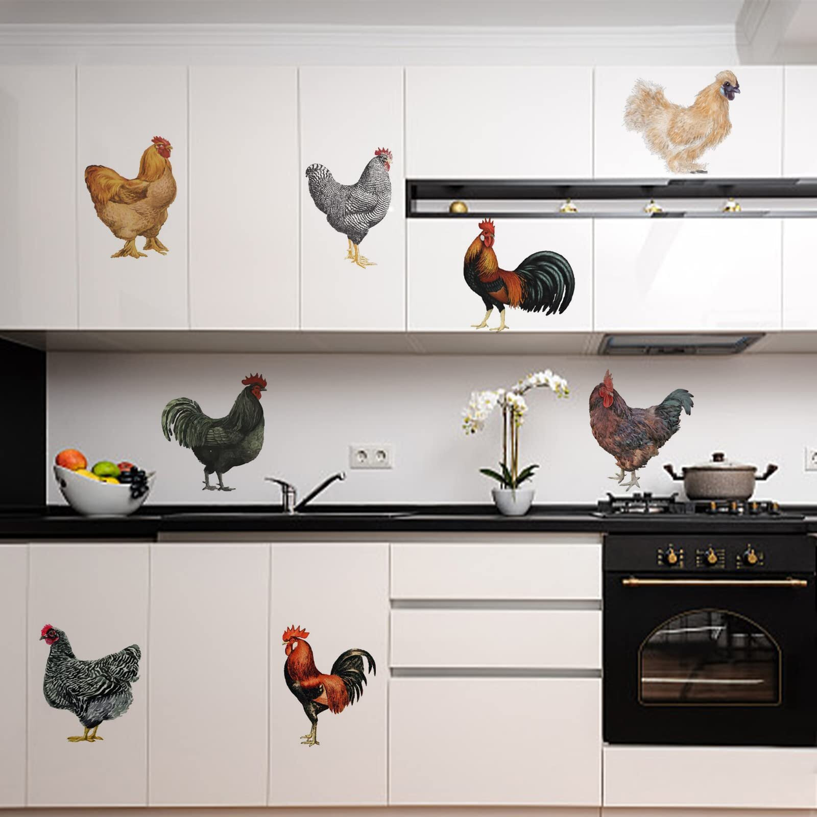 Pligreat 8 Pcs Roosters Hens Wall Stickers  Removable Vinyl Peel And Stick Wall Decals For Kitchen Pantry Playroom Nursery Farmhouse Wall Decoration Home Indoor Diy Window Fridge Door Wall Art Decor