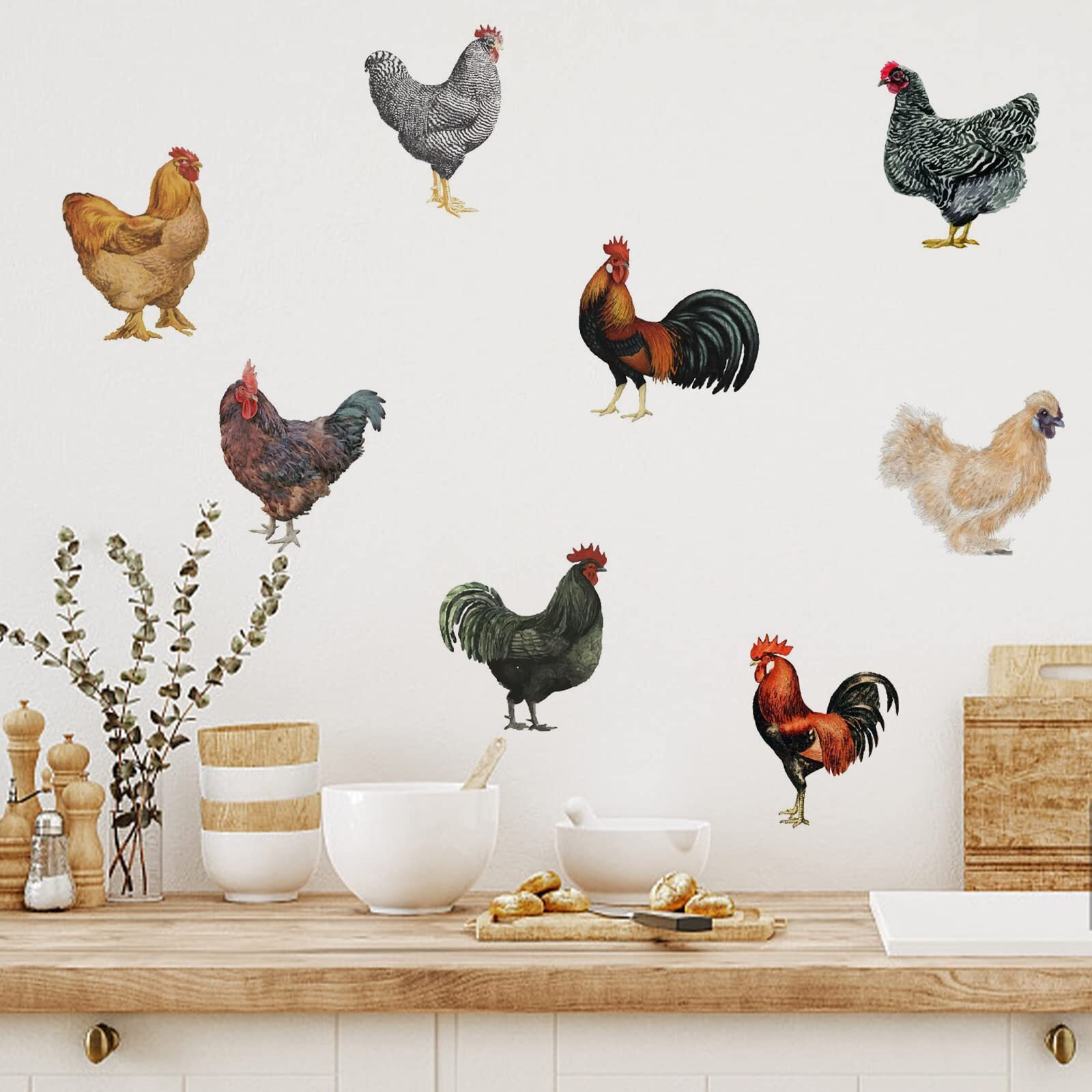 Pligreat 8 Pcs Roosters Hens Wall Stickers  Removable Vinyl Peel And Stick Wall Decals For Kitchen Pantry Playroom Nursery Farmhouse Wall Decoration Home Indoor Diy Window Fridge Door Wall Art Decor