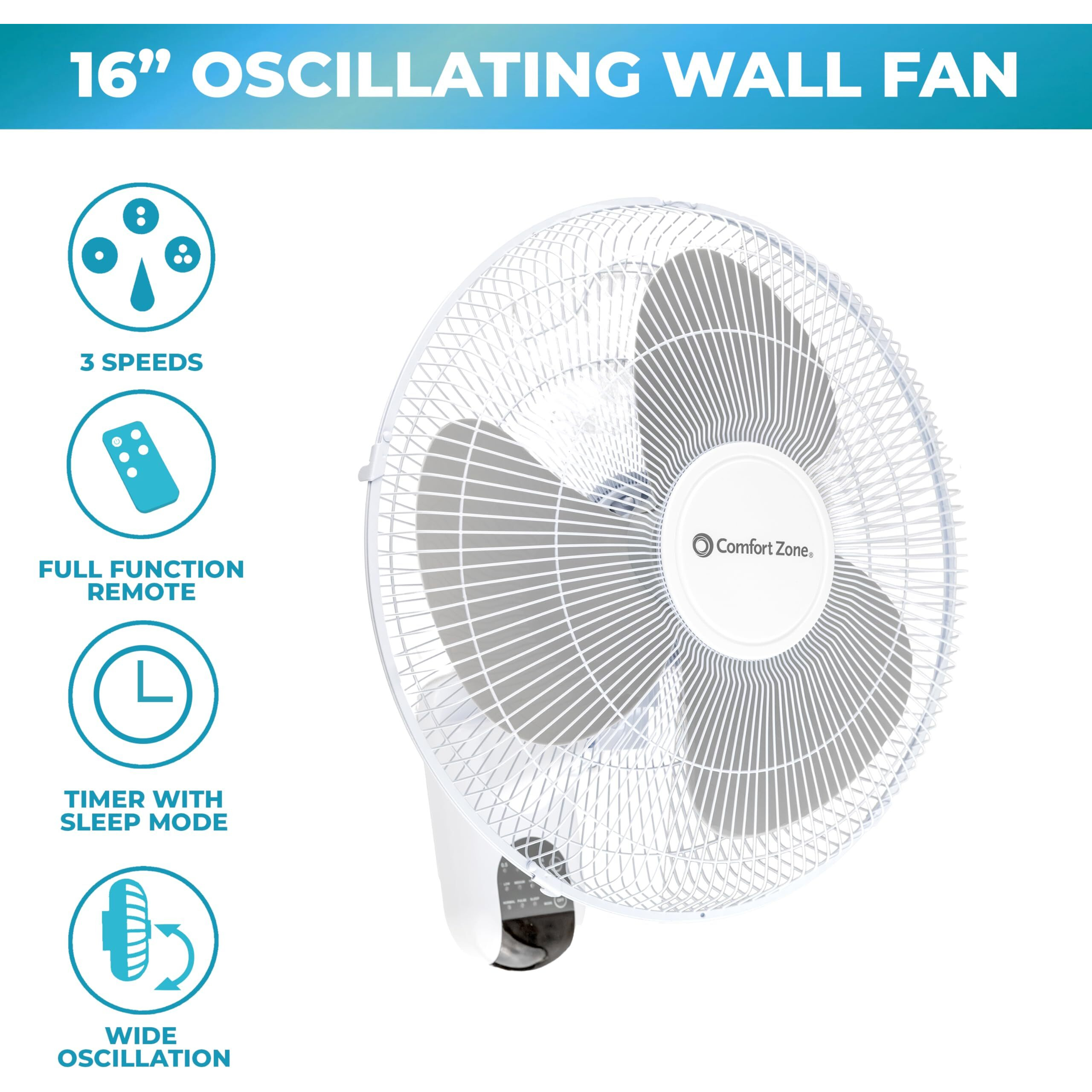 Comfort Zone 16"" Quiet 3-Speed Wall Mount Fan With Remote Control  Timer And Adjustable Tilt  Ideal For Home  Bedroom  Gym & Office  Cz16Wr