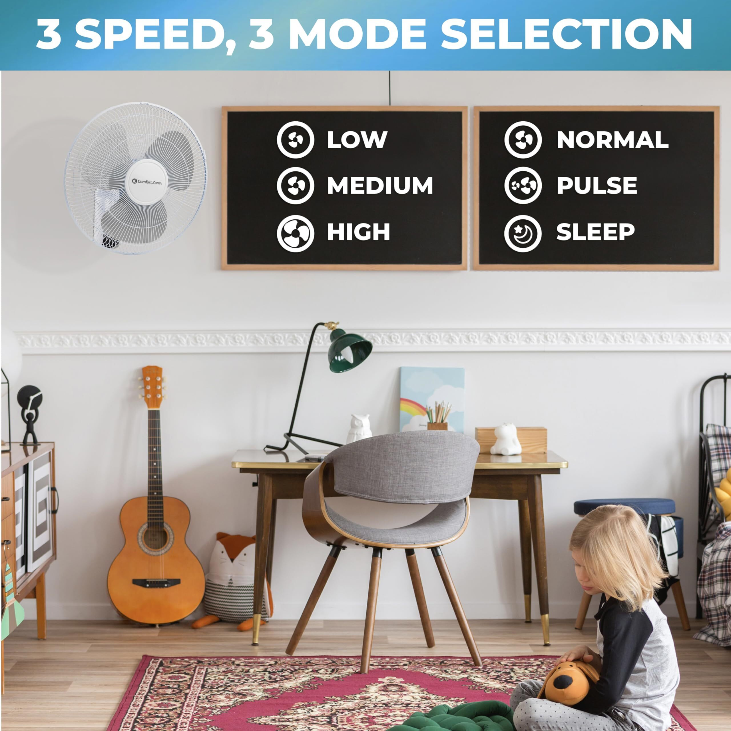 Comfort Zone 16"" Quiet 3-Speed Wall Mount Fan With Remote Control  Timer And Adjustable Tilt  Ideal For Home  Bedroom  Gym & Office  Cz16Wr