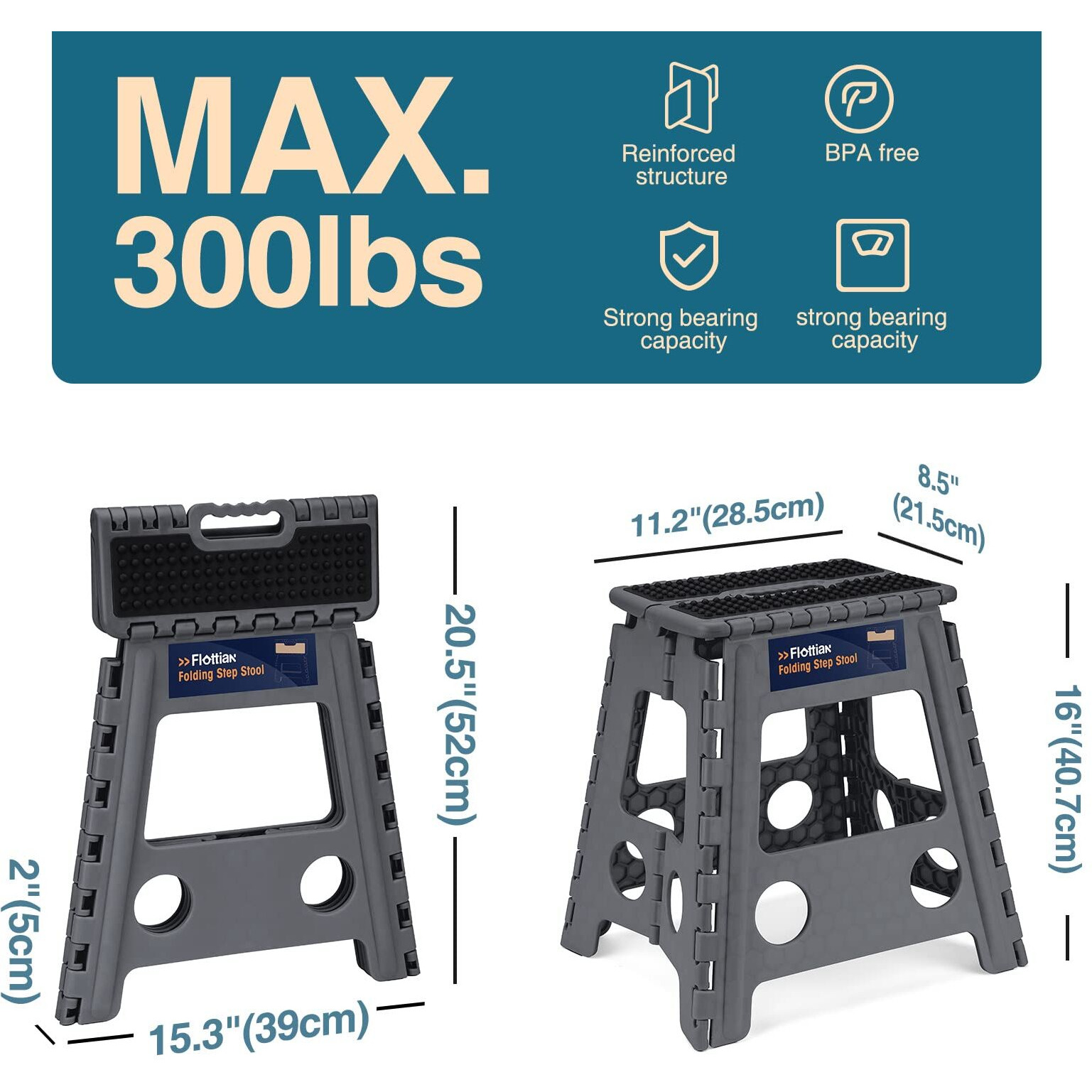 Flottian 16"" Folding Step Stool For Adults And Kids Holds Up To 300 Lbs Non-Slip Folding Stools With Handle  Compact Plastic Foldable Step Stool For Bathroom Bedroom  Kitchen  Gray 1Pc