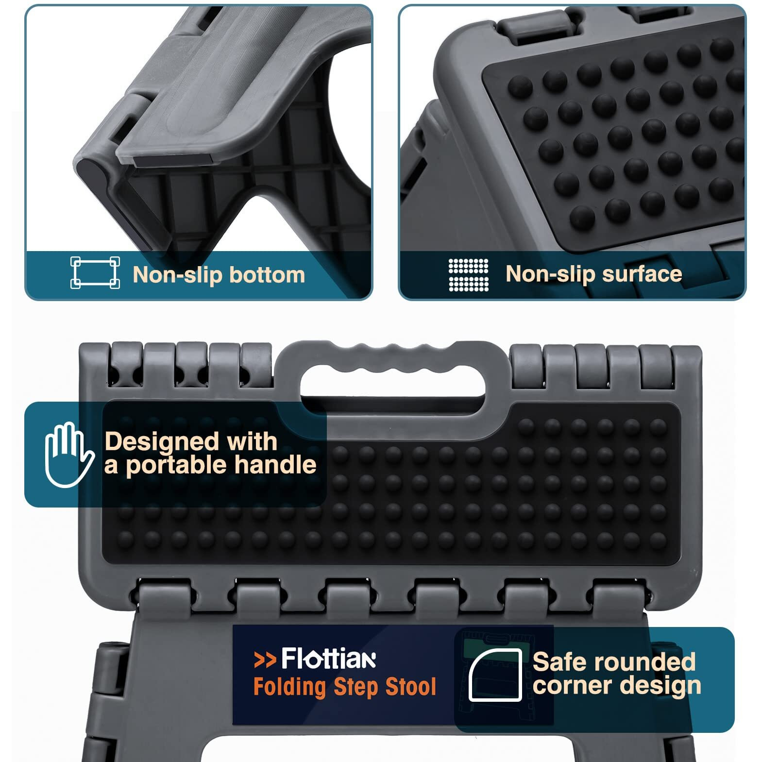 Flottian 16"" Folding Step Stool For Adults And Kids Holds Up To 300 Lbs Non-Slip Folding Stools With Handle  Compact Plastic Foldable Step Stool For Bathroom Bedroom  Kitchen  Gray 1Pc