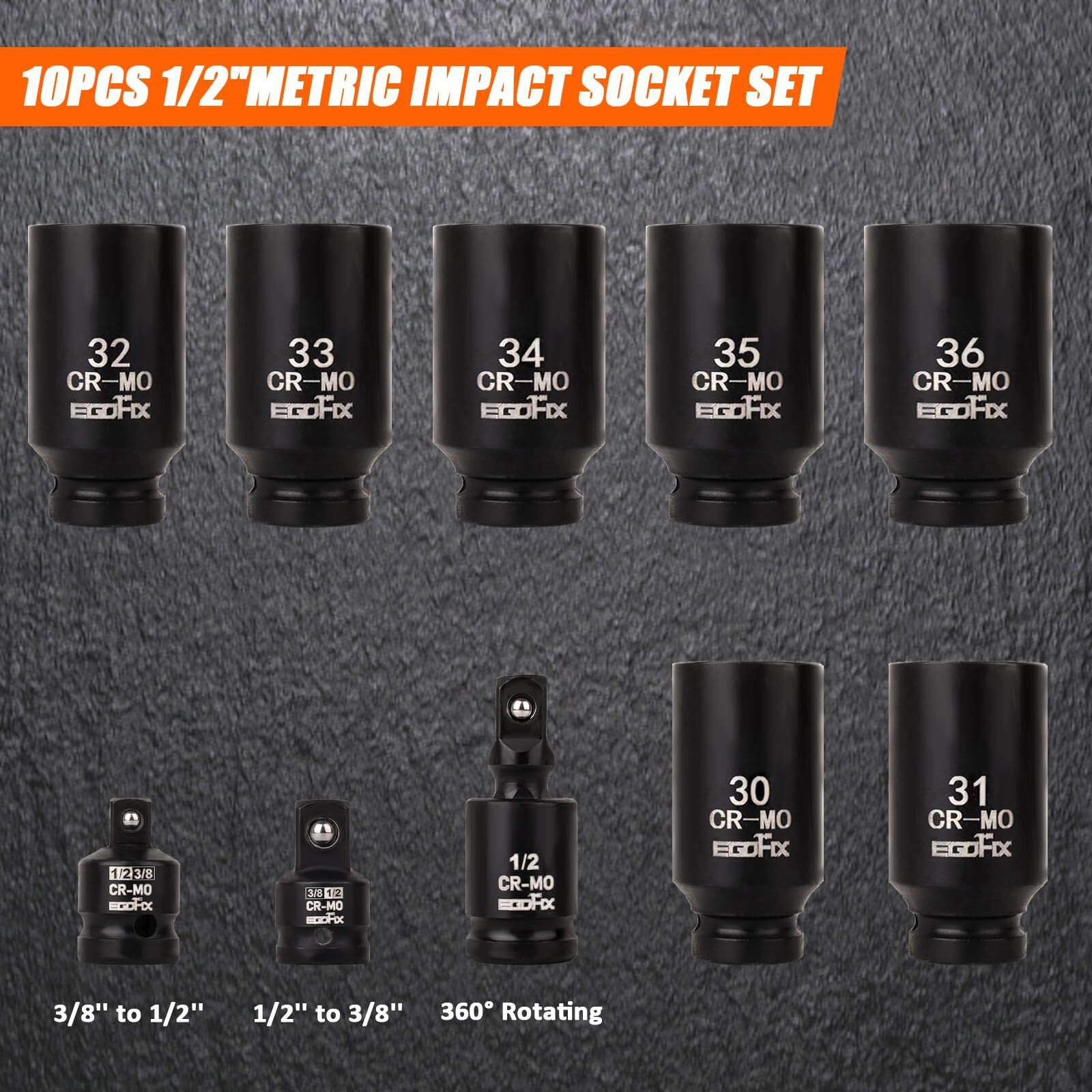 Egofix 1/2 &quot&quot Impact Axle Nut Socket Set 10 Pieces  Drive Deep Cr-Mo 6 Point 30 31 32 33 34 35 36Mm Metric Socket  With 3/8 &quot&quot - 1/2 &quot&quot Socket Adapter Set  Universal Joint Socket