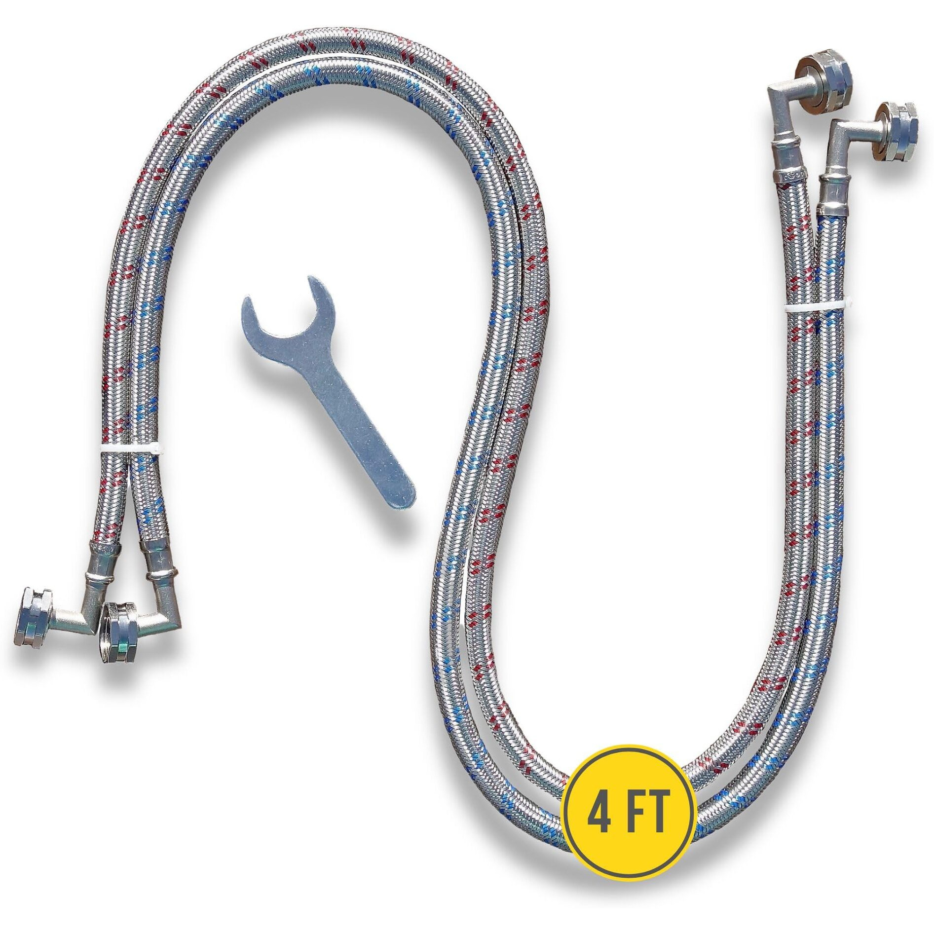 Washing Machine Hoses (4 Ft) - Double 90 Elbow To Fit Tight Spaces - Octagon Connections For Easy & Secure Tightening - Burst Proof Water Supply Line (2 Pack) - Universal Fit To All Wash Machines