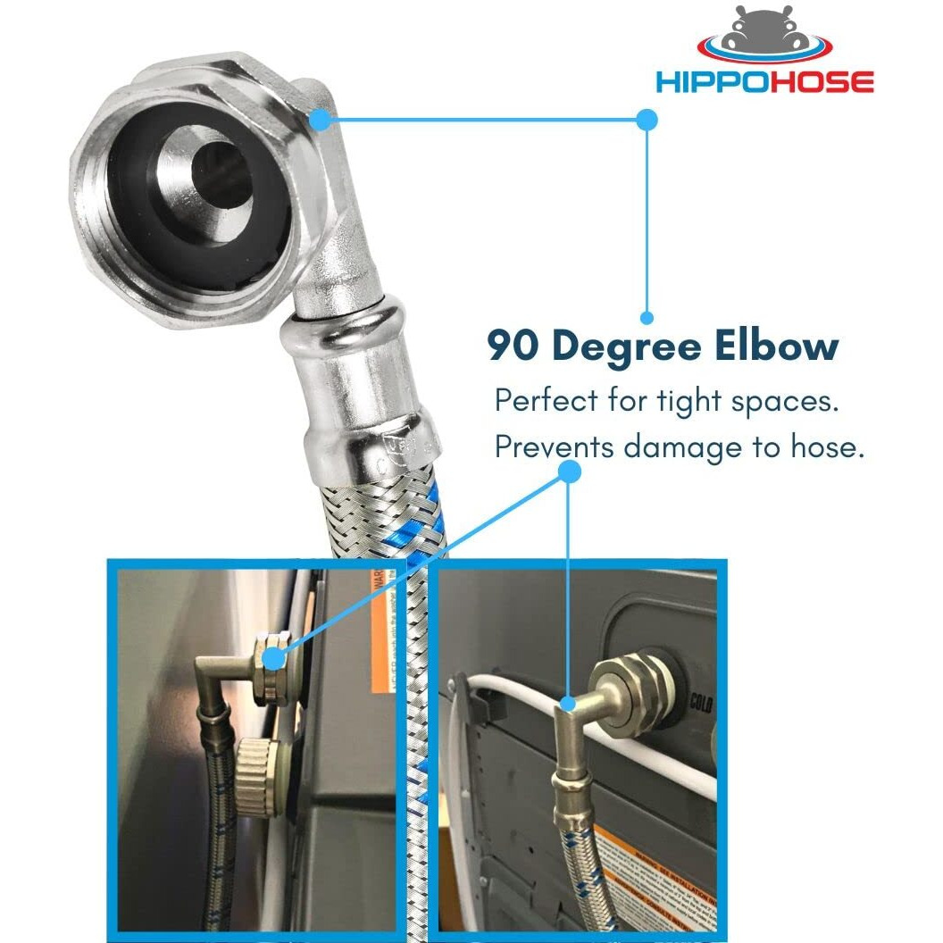 Washing Machine Hoses (4 Ft) - Double 90 Elbow To Fit Tight Spaces - Octagon Connections For Easy & Secure Tightening - Burst Proof Water Supply Line (2 Pack) - Universal Fit To All Wash Machines