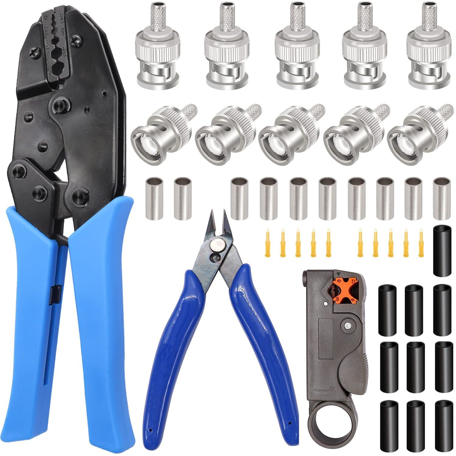 Taiss Coaxial Cable Tool Kit Bnc Crimp Tool With 10Pcs Bnc Male Crimp Connector Coaxial Cable Stripper Cutter Wire Cable Cutter And Heat Shrink Tube For Rg58/Rg59/Rg62/Rg174
