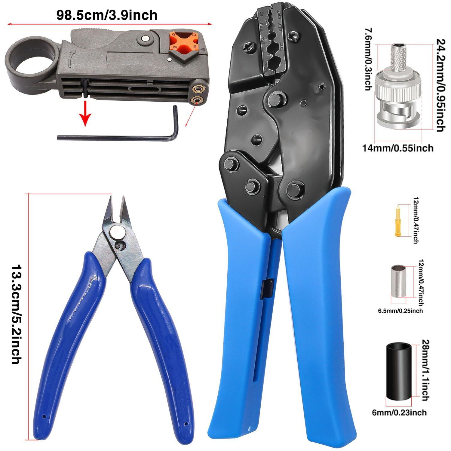 Taiss Coaxial Cable Tool Kit Bnc Crimp Tool With 10Pcs Bnc Male Crimp Connector Coaxial Cable Stripper Cutter Wire Cable Cutter And Heat Shrink Tube For Rg58/Rg59/Rg62/Rg174