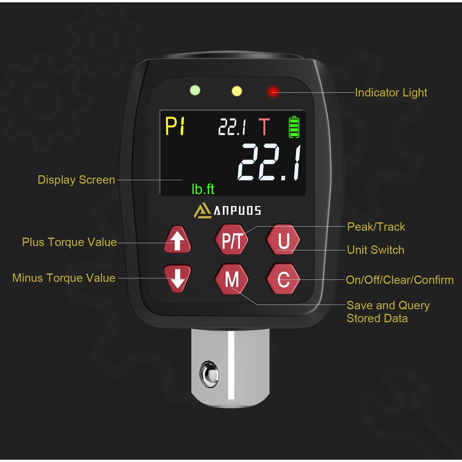 Anpuds 1/2"" Digital Torque Adapter  1.1-22.1 Ft-Lb/1.5-30 Nm  Digital Torque Wrench Converter With 1% Accuracy  Preset Value  Data Storage  Buzzer & Led Indicators  3/8'' & 1/4'' Adapters For Bike