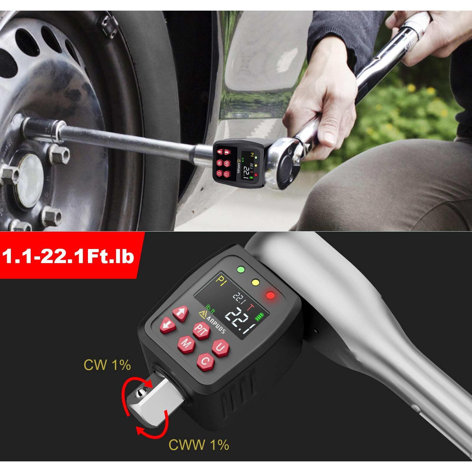 Anpuds 1/2"" Digital Torque Adapter  1.1-22.1 Ft-Lb/1.5-30 Nm  Digital Torque Wrench Converter With 1% Accuracy  Preset Value  Data Storage  Buzzer & Led Indicators  3/8'' & 1/4'' Adapters For Bike