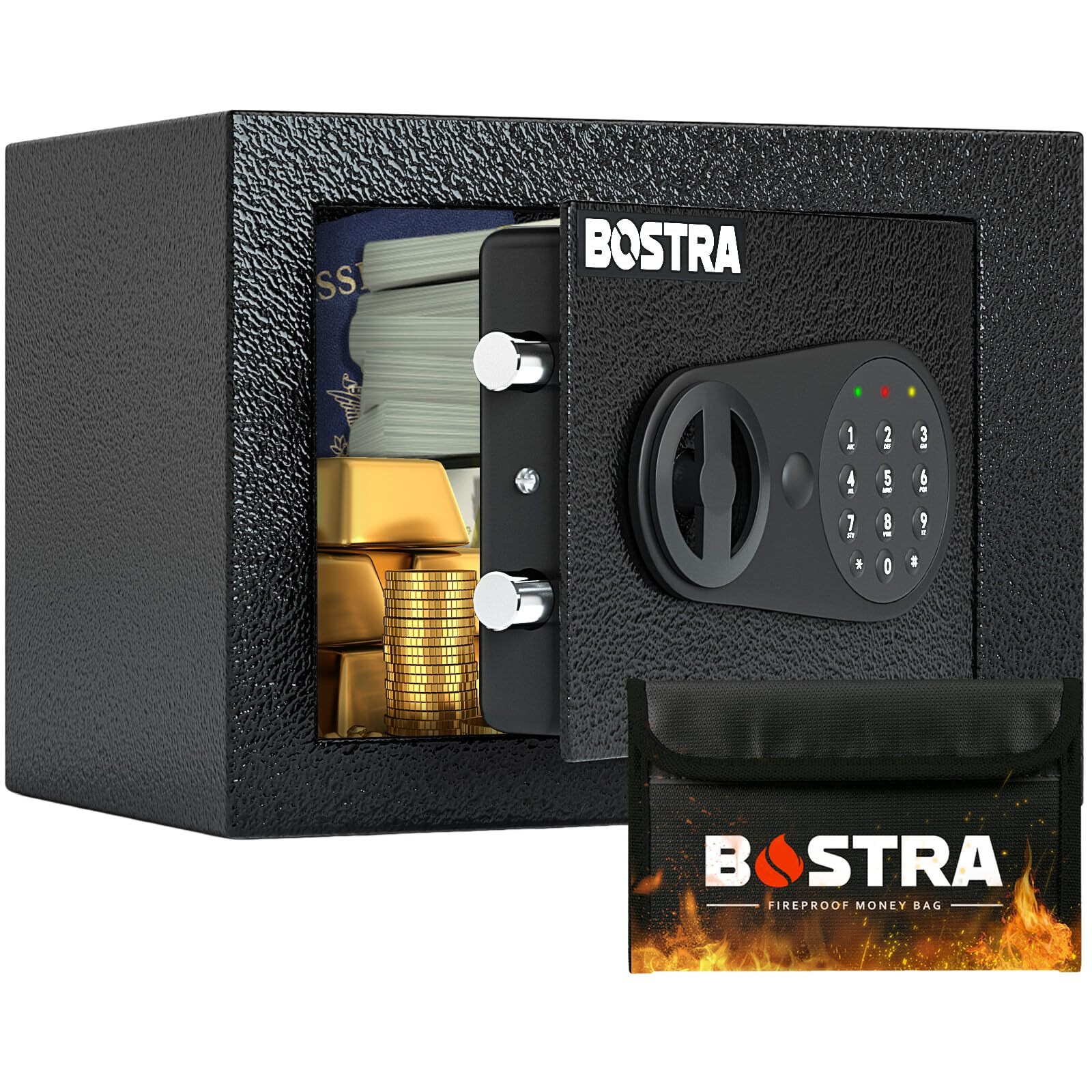 Bostra Fireproof Safe Box With Sensor Light & Fireproof Bag  Money Safe Box With Digital Keypad Security Safe Box For Home  0.23 Cubic Small Safe With Keys & Pass Code For Cash Jewelry Black